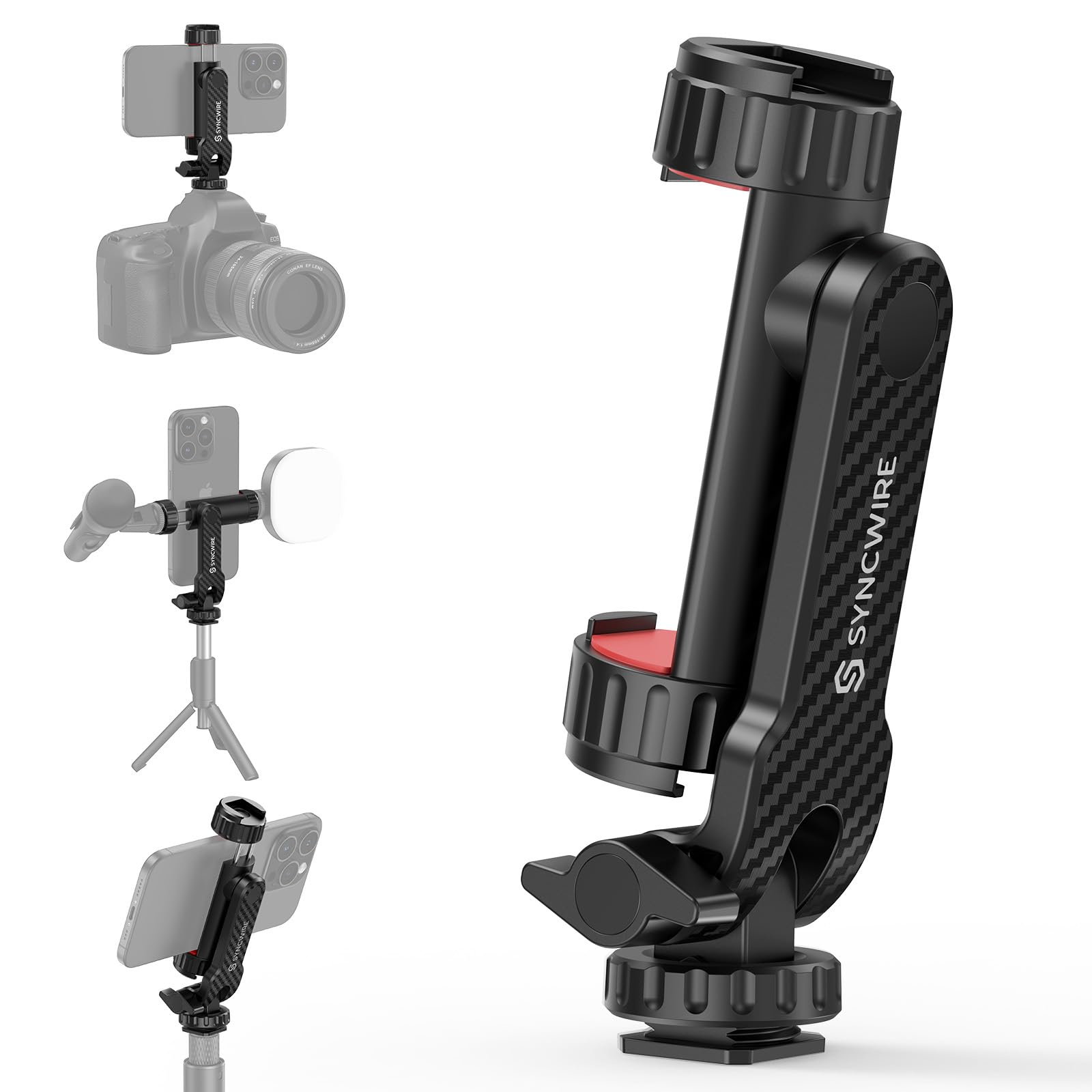 SYNCWIRE Tripod Phone Mount, Universal Smartphone Mount Adapter with 2 Cold Shoe and 1/4" Screw, 360 degrees Rotates and 180 degrees Tilts Adjustable Cell Phone Clamp Holder for Enhancing Mobile Photography Setup
