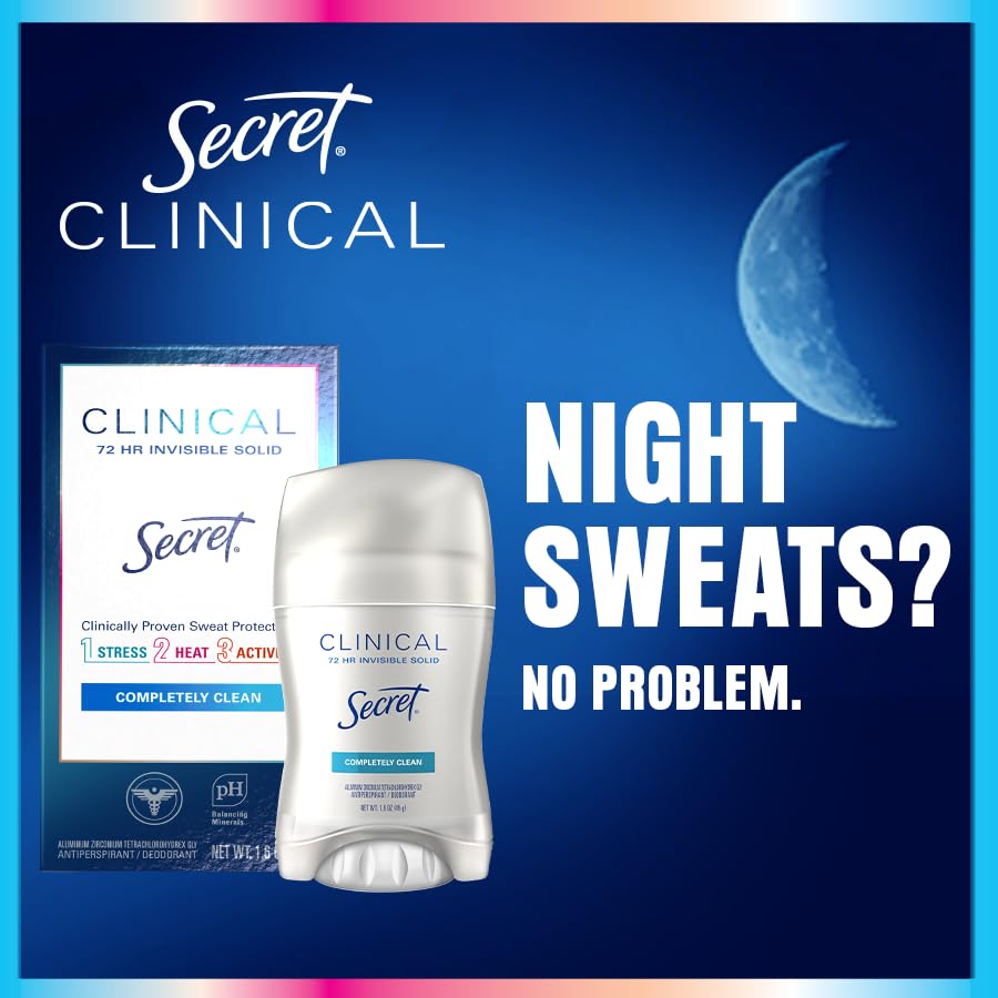 Secret Clinical Strength Antiperspirant Deodorant for Women, 3X Stress Protection, 72hr Sweat & Odor Protection, PH Balancing Minerals, Invisible Solid, Completely Clean Scent, 2.6 oz