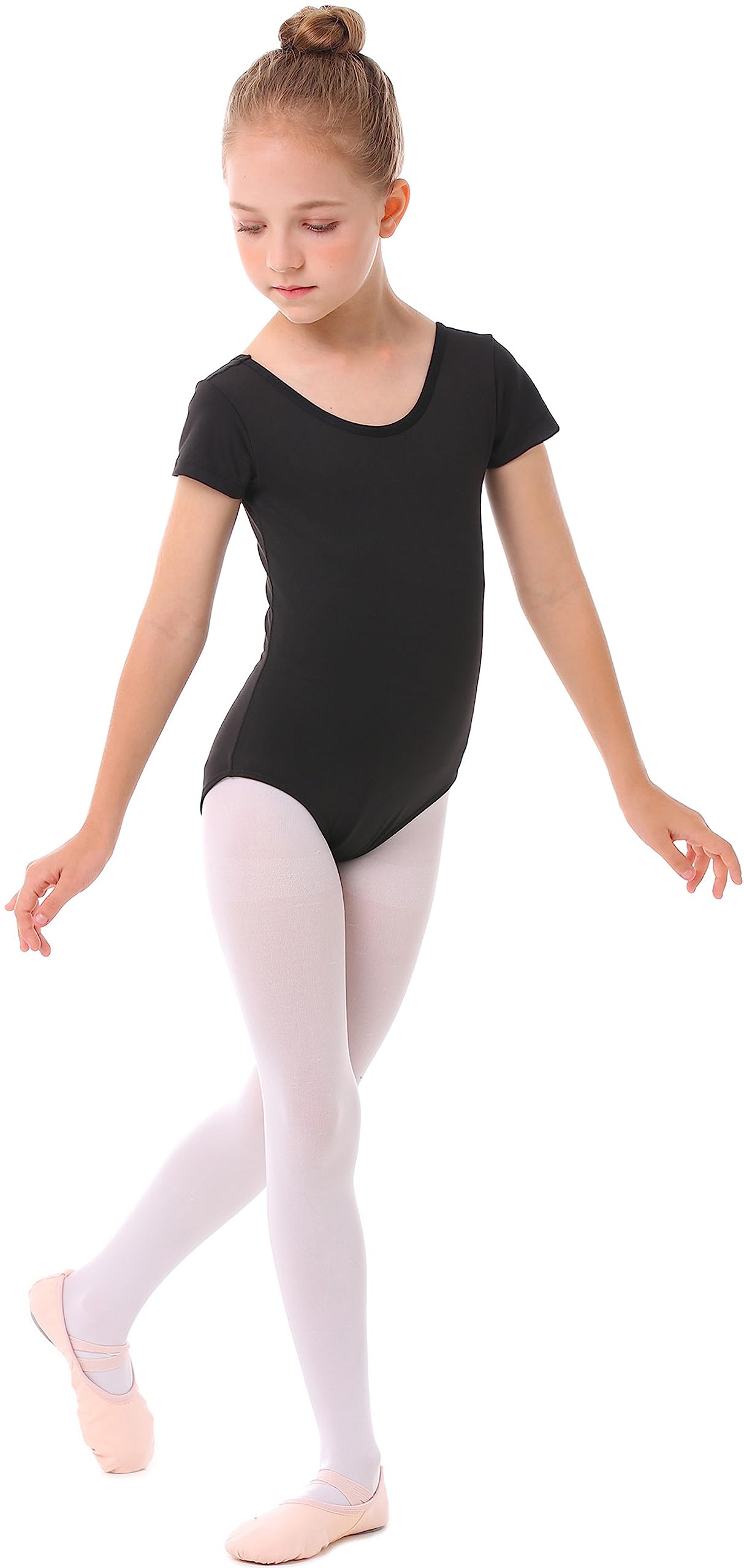 MdnMd Black Leotards for Girls Kids Dance Ballet Gymnastic Outfit Short Sleeve Leotard with Cross Back (Black, Age 6-7)