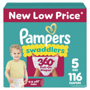 Pampers Diapers - Swaddlers 360° - Size 5, 116 Count, up to 100% Leakproof Comfy Dry Fit, Designed for Easy Changes, Pull On Baby Diaper (Packaging May Vary)