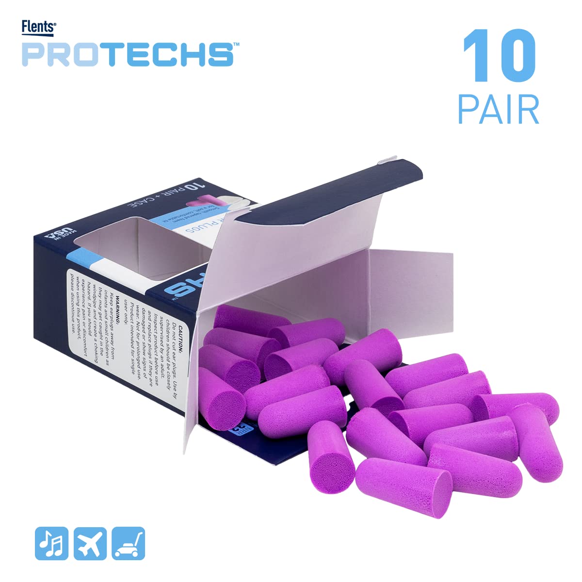 Flents Protechs Foam Ear Plugs, 10 Pair with Case for Sleeping, Snoring, Loud Noise, Traveling, Concerts, Construction, Studying, Work, Shooting, NRR 33, Purple, Disposable, Made in the USA