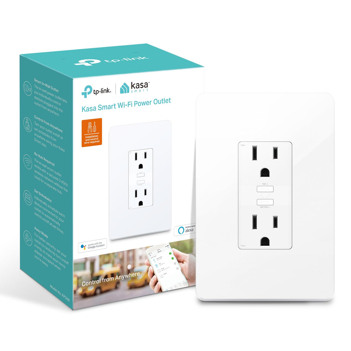 Kasa Smart Plug KP200, WLAN-Smart-Steckdose für die Wand, kompatibel mit Alexa, Google Home & IFTTT, kein Hub erforderlich, Fernsteuerung, ETL-zertifiziert, Weiß, 1 Stück