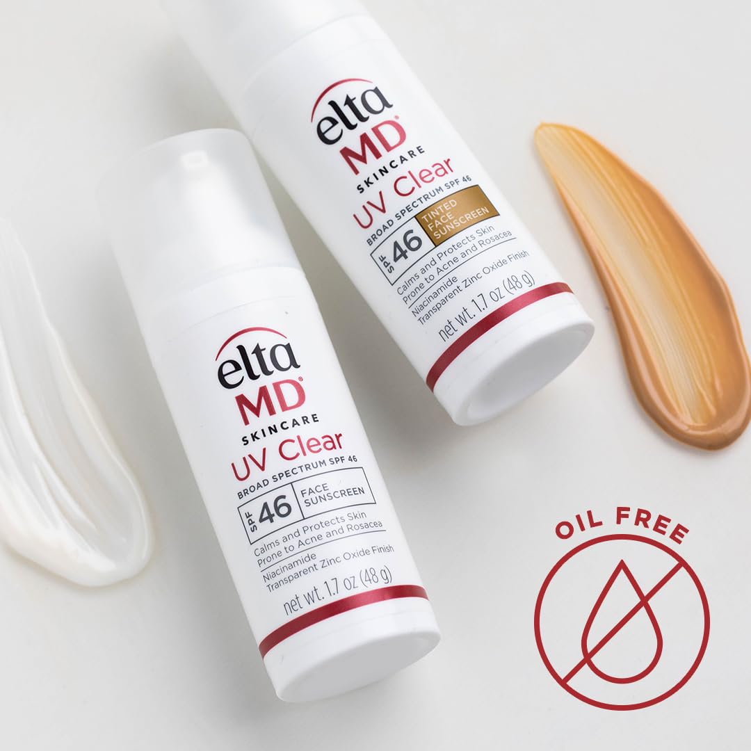 EltaMD UV Clear Tinted Sunscreen for Face, SPF 46 with Zinc Oxide, Oil-Free, Dermatologist Recommended, For Acne-Prone Sensitive Skin, 1.7 oz