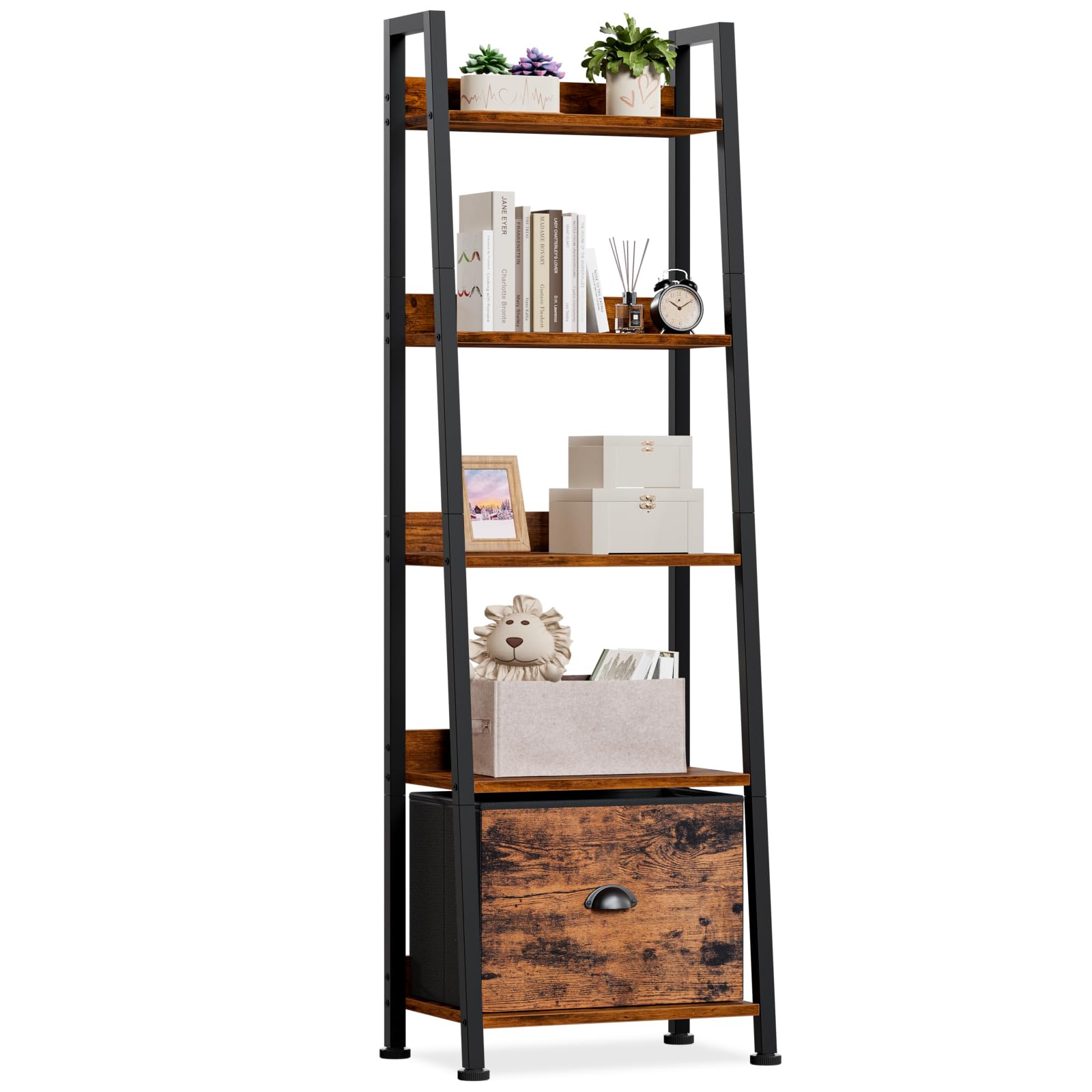Furologee 5-Tier Ladder Shelf, Ladder Bookshelf with Removable Drawer, Rustic Bookcase Storage Rack Organizer, Wood Metal Freestanding Storage Shelf for Living Room, Home Office, Bedroom, Balcony