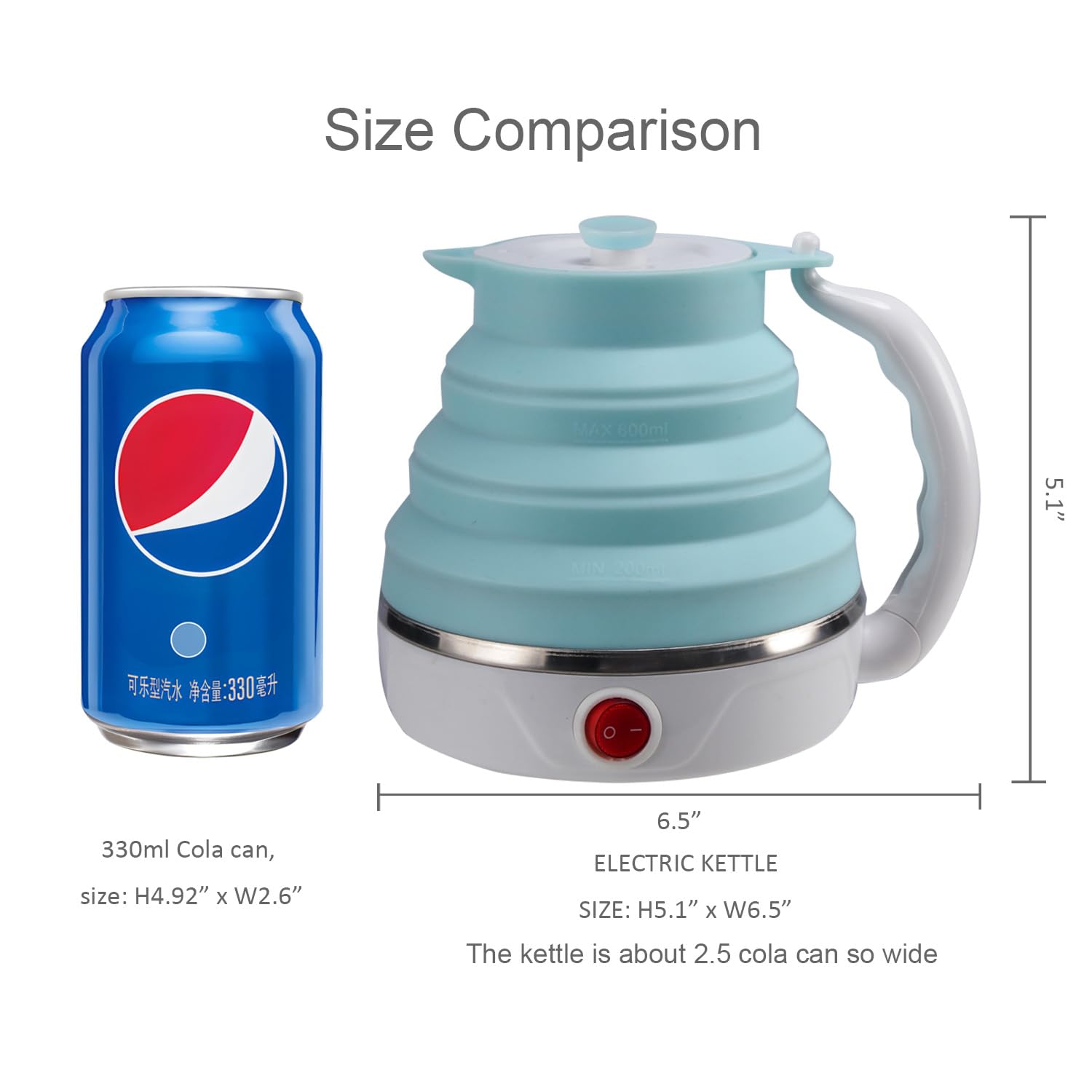 Travel Foldable Electric Kettle, Collapsible Electric Kettle Food Grade Silicone Small Pot Boiling water,Dual Voltage（600ml,110-220V US Plug） (Blue)