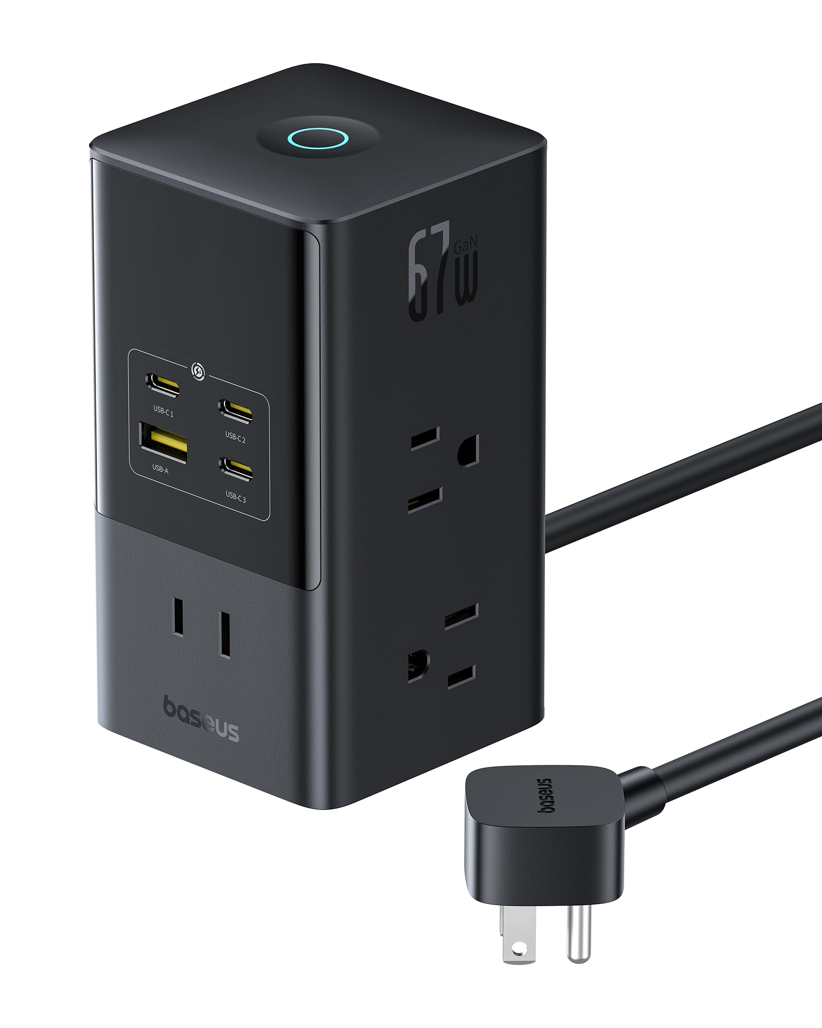 Baseus Charging Station 67W، محطة شحن USB-C PD سريعة 10 في 1 لسطح المكتب مع حماية من زيادة التيار 1200J، سلك تمديد 5 أقدام، 6 منافذ تيار متردد، 3 منافذ USBC، منفذ USBA واحد لأجهزة iPhone 16/15، MacBook، الكمبيوتر اللوحي، الكمبيوتر المكتبي