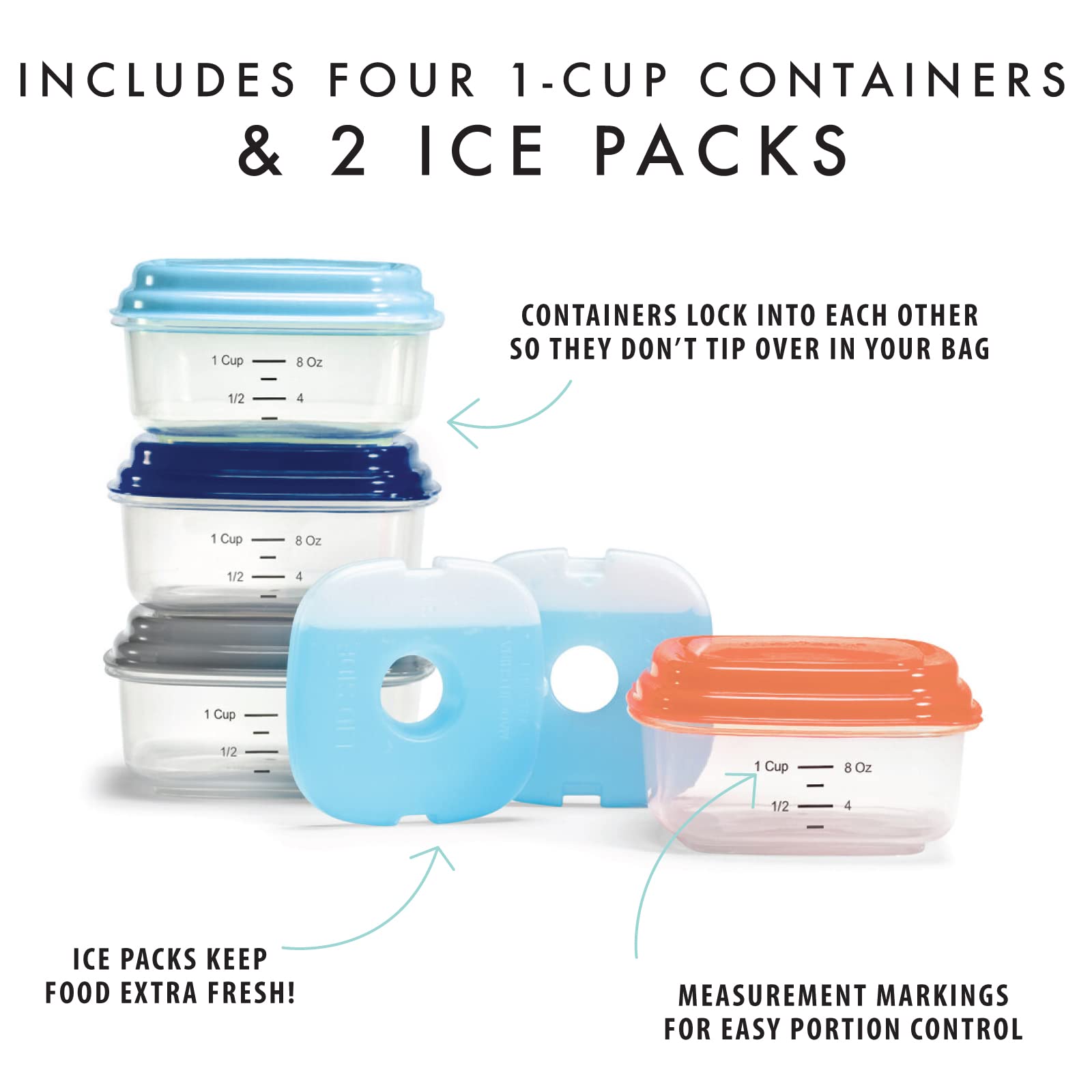 Fit & Fresh Small Plastic Containers With Lids 8 oz, Small Snack Containers With Lids, Reusable Leakproof Dressing and Condiment Containers With Two Attachable Ice Packs, 4PK, Light