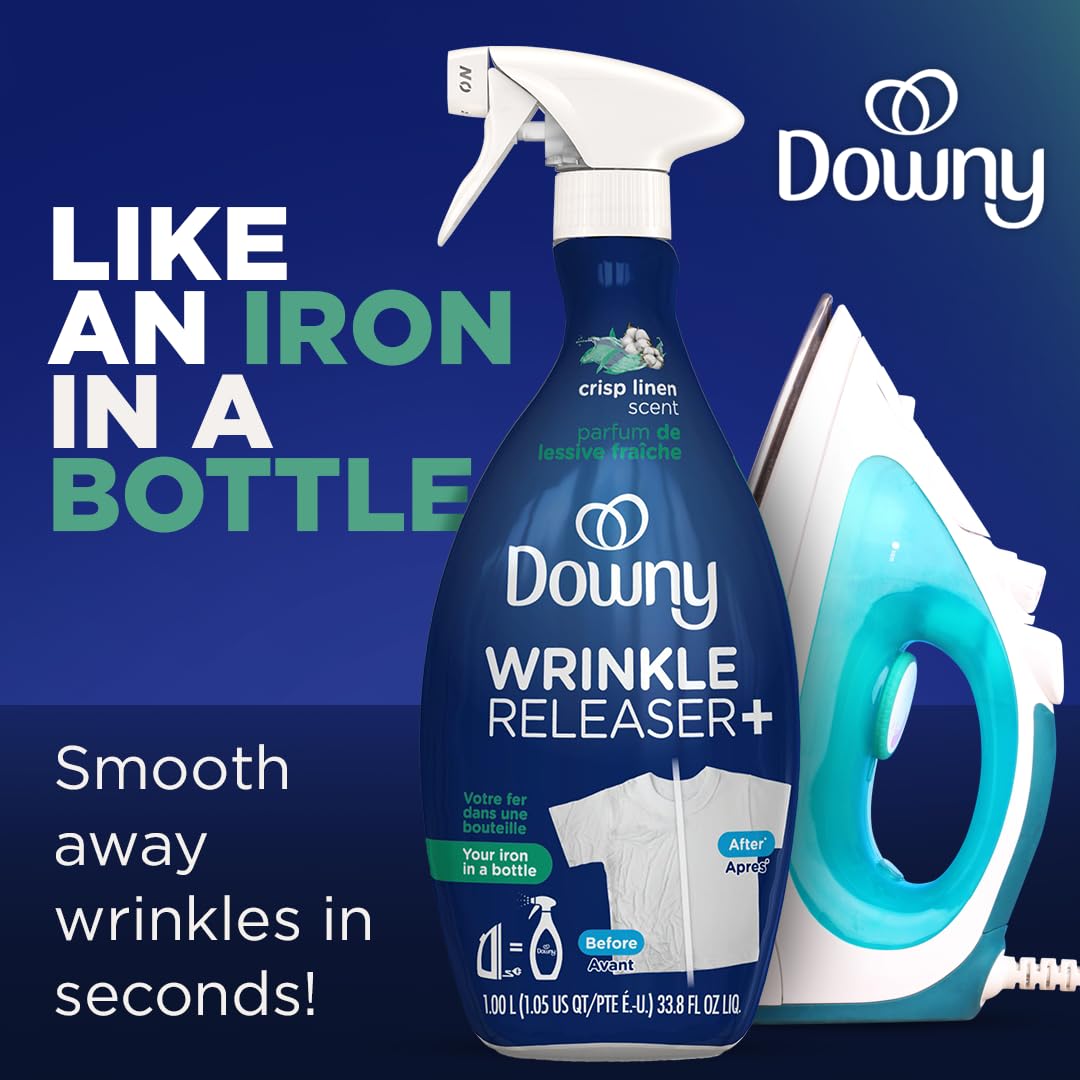 Downy Wrinkle Releaser Spray, All-in-One-Formel, entfernt Falten, statische Aufladung und Gerüche, Duftrichtung Crisp Linen, 33,8 Fl Oz, 2er-Pack (Verpackung kann variieren)