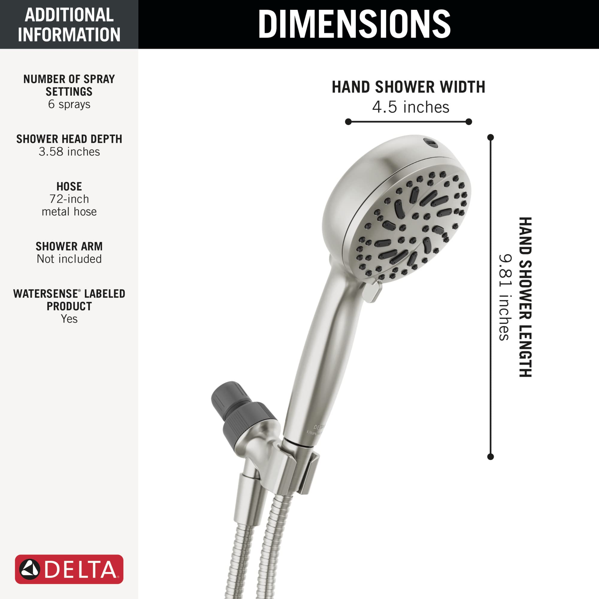 Delta Faucet ProClean Brushed Nickel Shower Head with Handheld, Showerhead with High Pressure Spray, Handheld Shower Head, 6 Spray Settings, SpotShield Brushed Nickel 75740SN