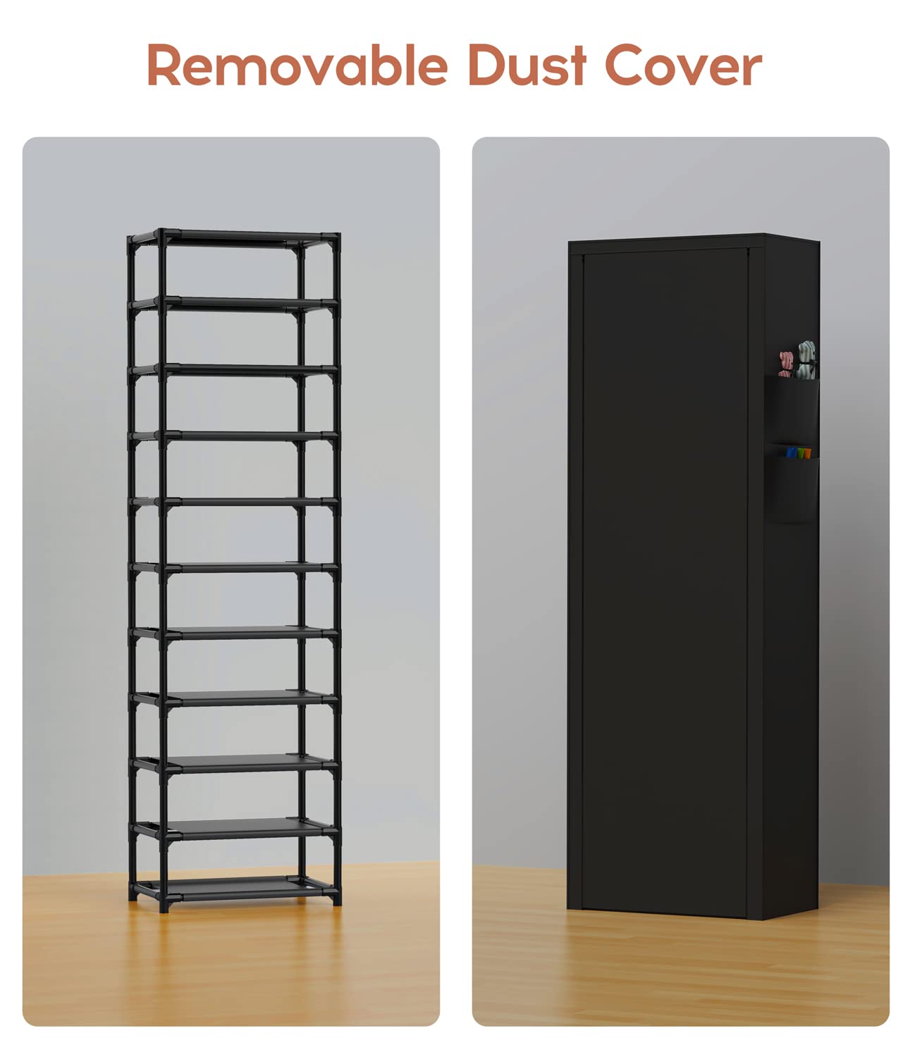 VTRIN Vertical Narrow Shoe Rack Organizer Tall Shoe Rack for Closet Entryway 10 Tier Non-Woven Cover Shoe Shelf Holds 20-22 Pairs Free Standing Shoe Storage Cabinet with Dustproof Cover, Black