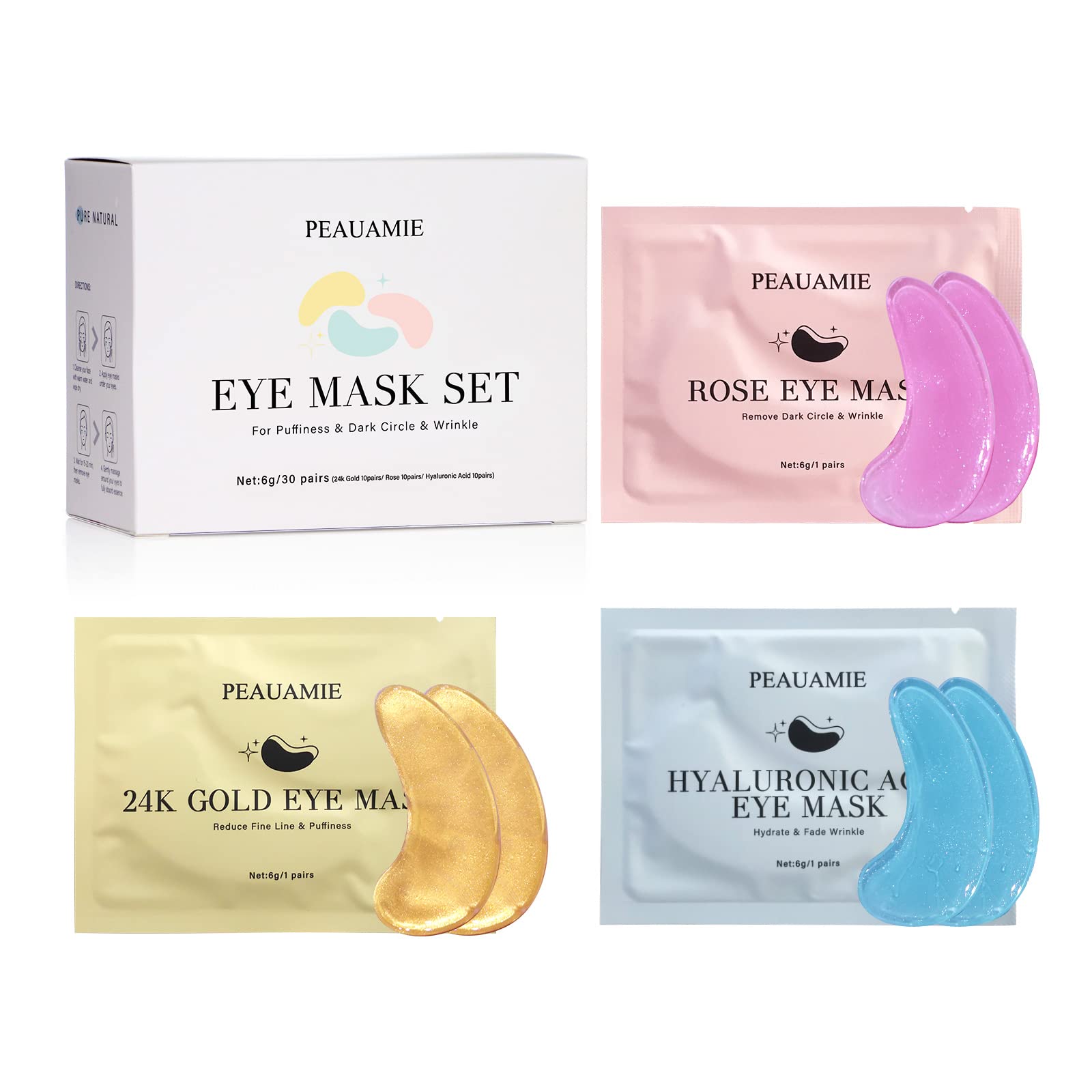 PEAUAMIE Under Eye Patches Gold and Hyaluronic Acid for puffy eyes,Rose Eye Masks for Dark Circles and Puffiness skin care Smooth Wrinkles products 30 Pairs
