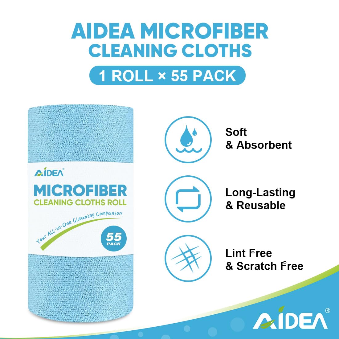 AIDEA Microfiber Cleaning Cloth Roll, Blue Shop Towels 55 Sheets Washable, Microfiber Towels for Cars, Blue Rags Reusable Paper Towel for Automotive, Workshop, House, Kitchen, Cleaning Supplies11×9"