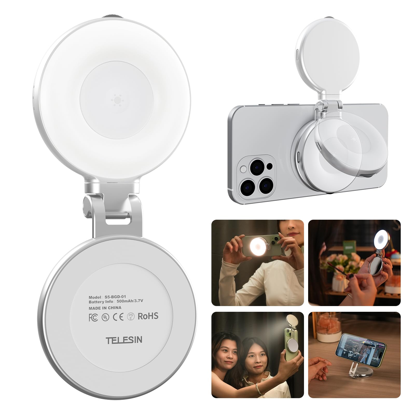 TELESIN C03 Magnetic Selfie Light, Phone Light Compatible with iPhone Magsafe, CRI97 360 degrees LED Selfie Ring Fill Light with Mirror for Selfies/Photography/TikTok/Zoom Calls/Video Conference