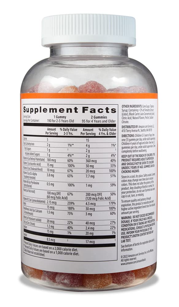 Amazon Basics Kids' Multivitamin, 190 Gummies, Orange, Cherry & Strawberry (Previously Solimo)