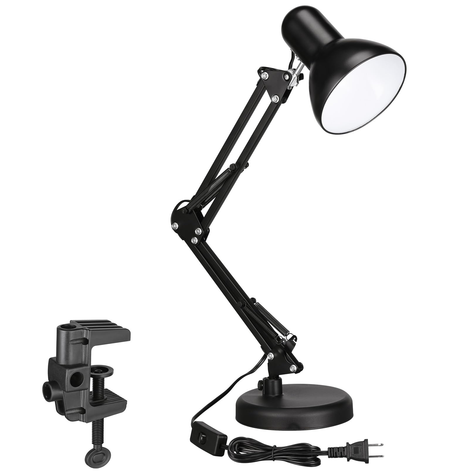 TORCHSTAR Metall-Schreibtischlampe mit Klemme, Schwenkarm, Architekten-Schwanenhalslampe, Klemmleuchte für Home Office, Arbeit, Studium, Lesen, E26 Sockel, Mehrgelenk, Schwarz
