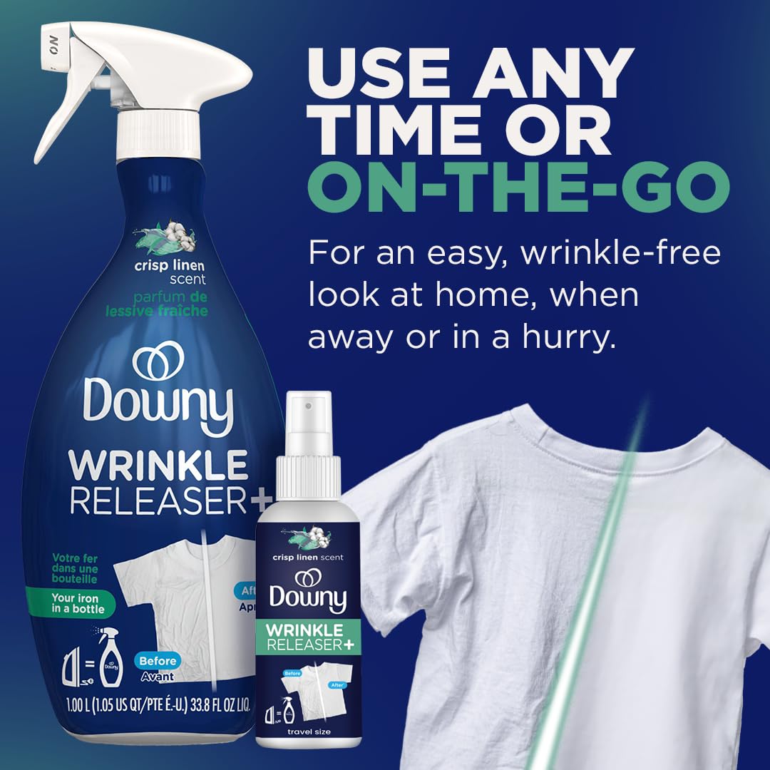 Downy Wrinkle Releaser Spray, All-in-One-Formel, entfernt Falten, statische Aufladung und Gerüche, Duftrichtung Crisp Linen, 33,8 Fl Oz, 2er-Pack (Verpackung kann variieren)