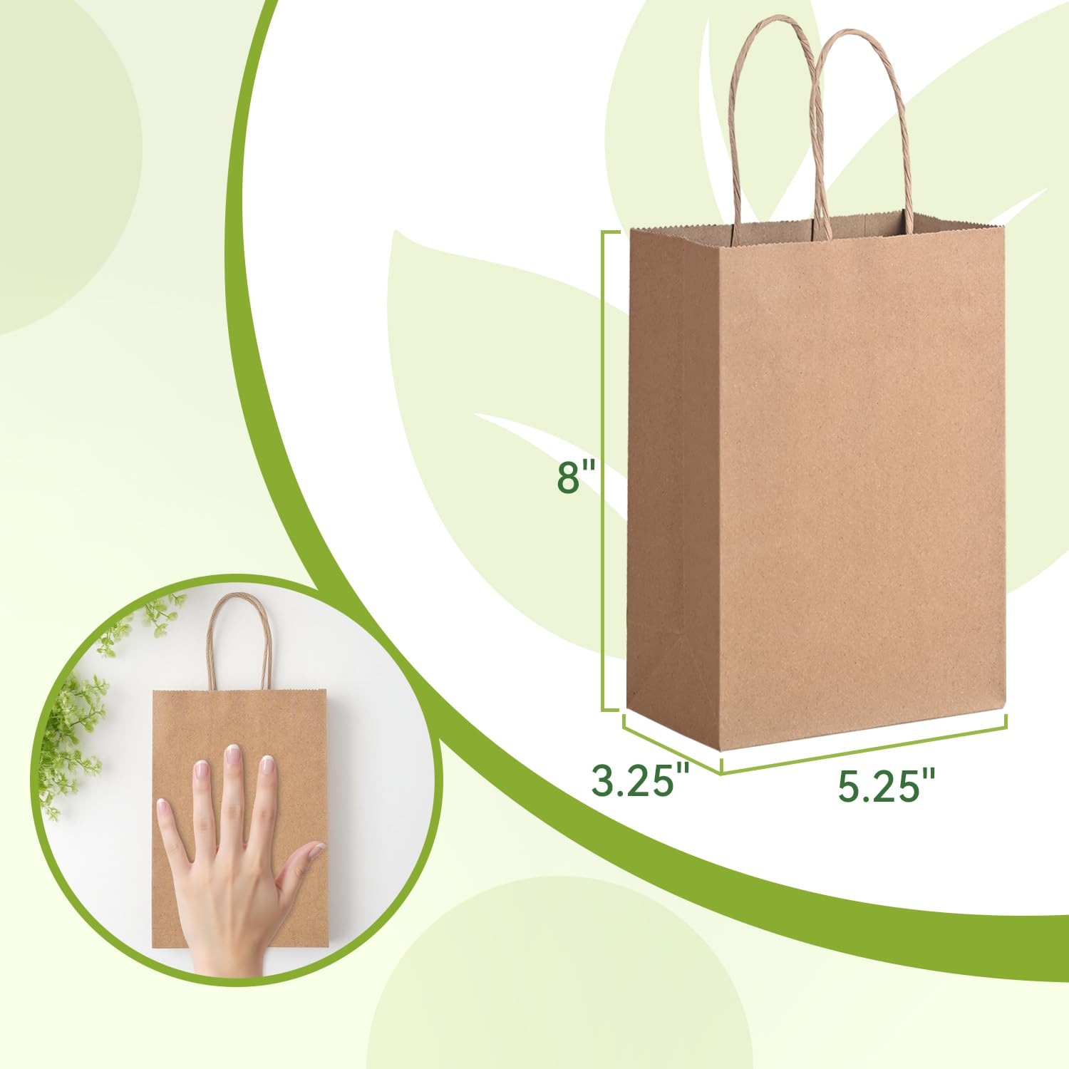 Brothersbox Small Brown Paper Bags with Handles 100PCS, 5.25 * 3.25 * 8 Inch Kraft Gift Bags Bulk for Craft Shopping Business Party Favor Retail Birthday Grocery