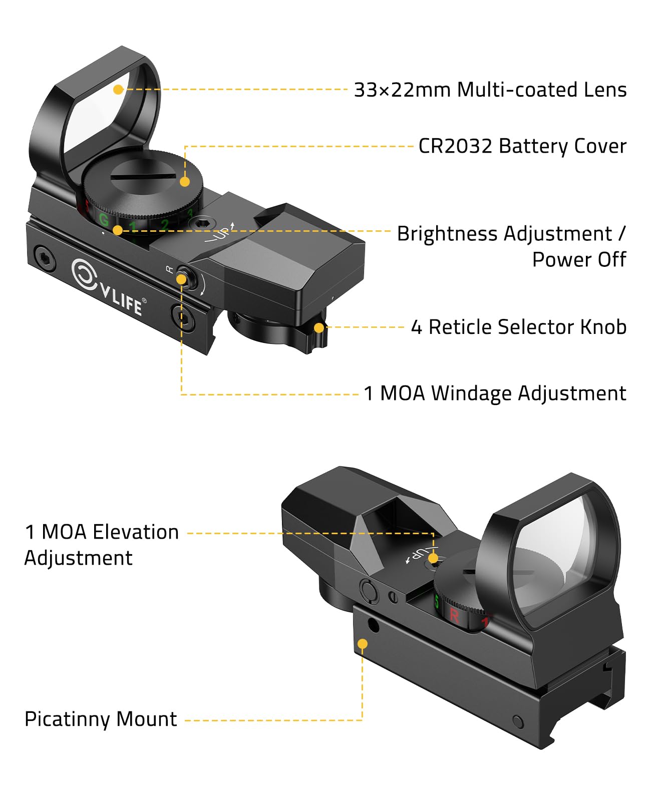 CVLIFE 1X22X33 Red Green Dot Sight, Reflex Sight for 20mm Picatinny Rail, Black
