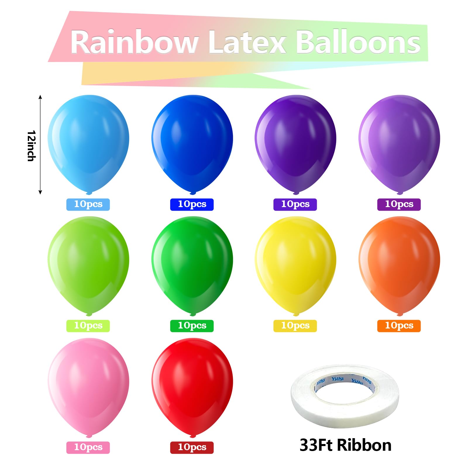 Bezente Assorted Rainbow Latex Balloons, 100 Pack 12 inch Round Helium Bright Color Balloons for Birthday Bridal Shower Wedding Party Decorations