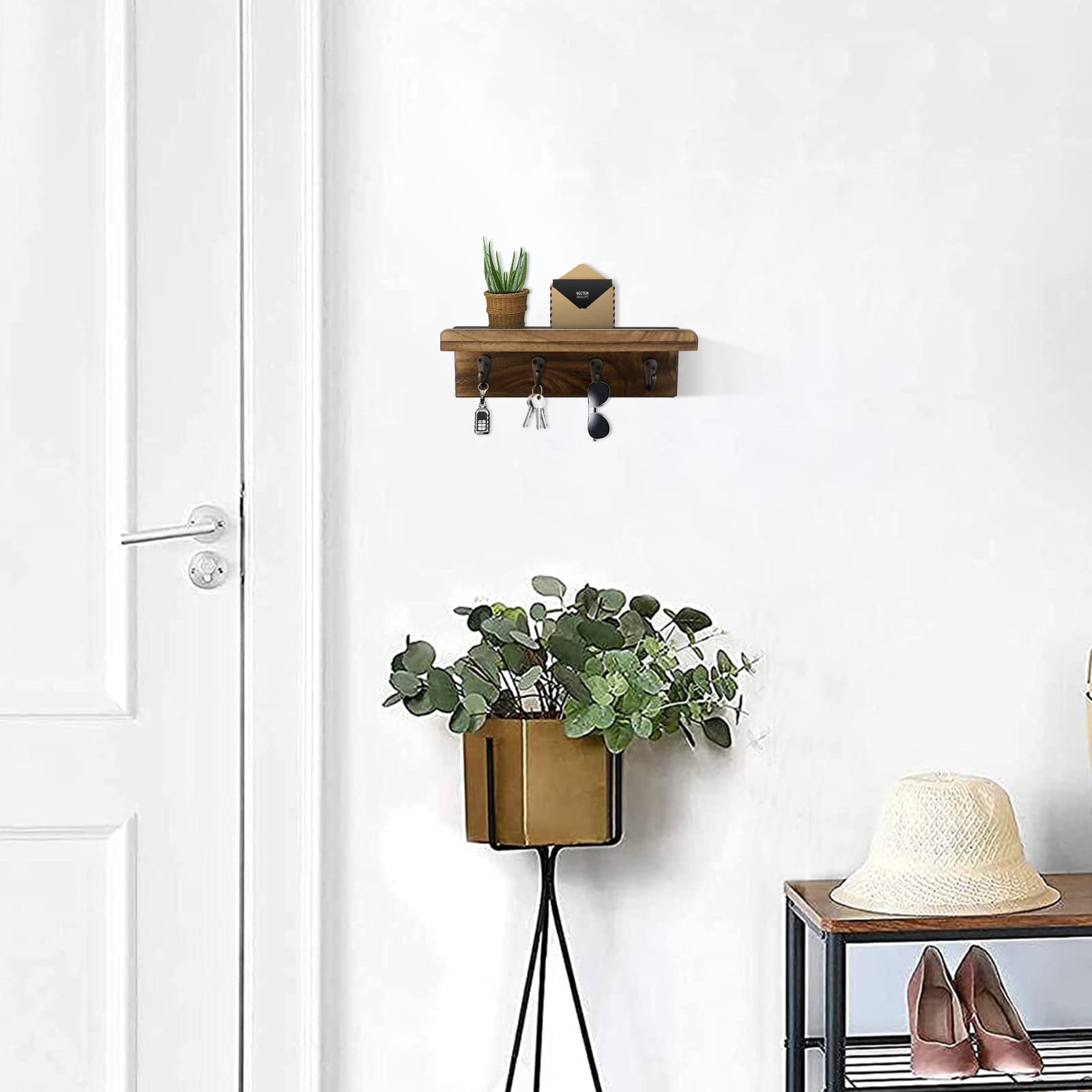 HRONRAD Rustic Key Holder for Wall, Farmhouse Wall Shelf with 4 Hooks, Wall Mounted Key Racks, Wooden Mail Organizer with Hooks for Entryway (Brown)