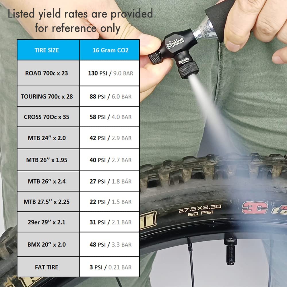 BriskMore CO2 Inflator Kits with 5 X 16g CO2 Cartridges for Bike Tires, Presta and Schrader Valve Compatible, Bike Tire Pump for Mountain and Road Bicycles, Included Insulated Sleeve