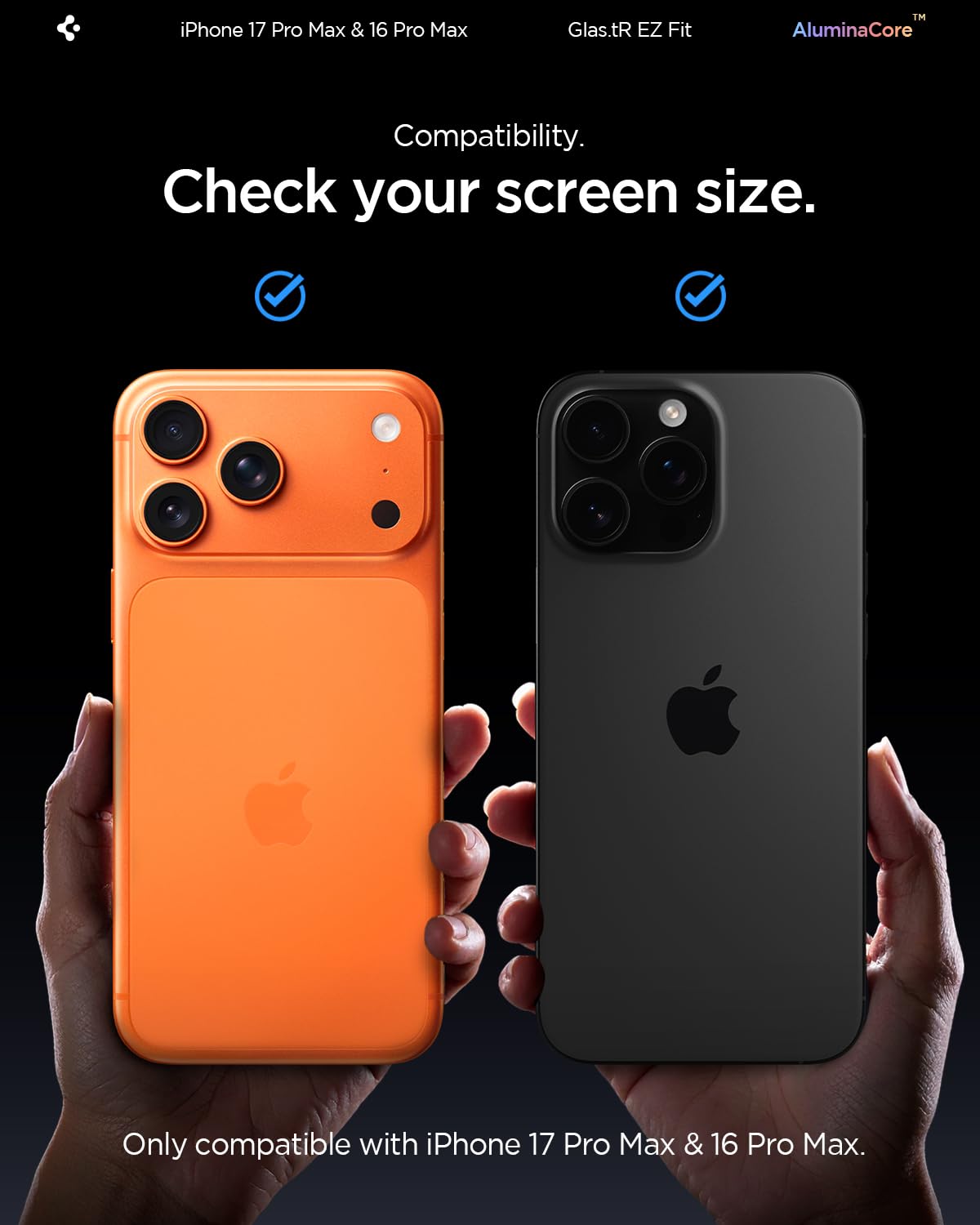 Spigen AluminaCore Tempered Glass Screen Protector [Glas.tR EZ Fit] designed for iPhone 17 Pro Max | iPhone 16 Pro Max [2 Pack] 9H+ Hardness, Aluminum-Enhanced Durability