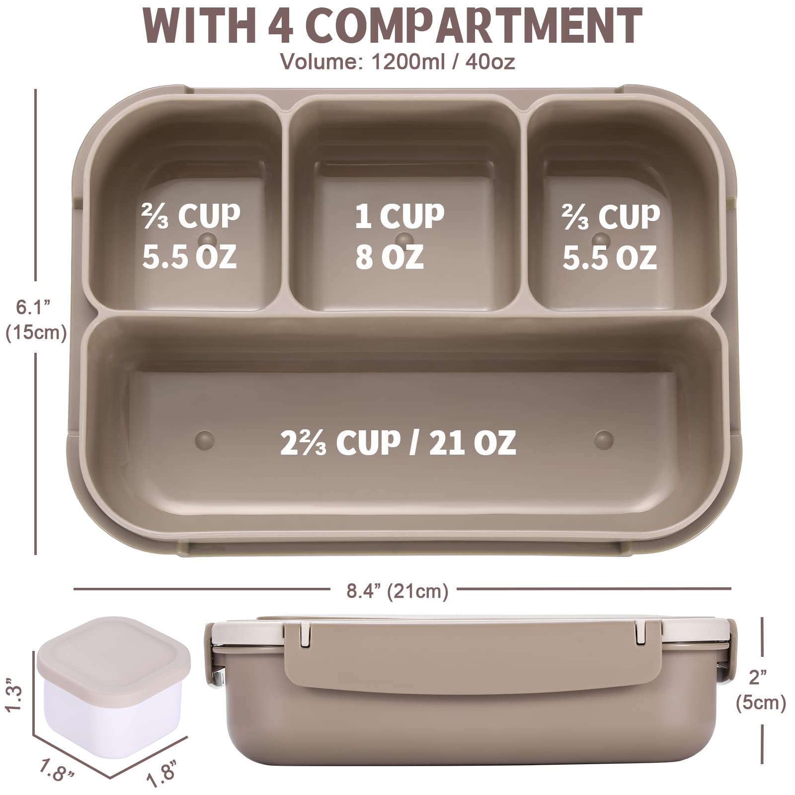 Bento Box Adult Lunch Box, Containers for Adults Men Women with 4 Compartments, Lunchable Food Container with Utensils, Sauce Jar, Muffin Liners, 40 Oz/5 Cup, Microwave & Dishwasher Safe, Brown