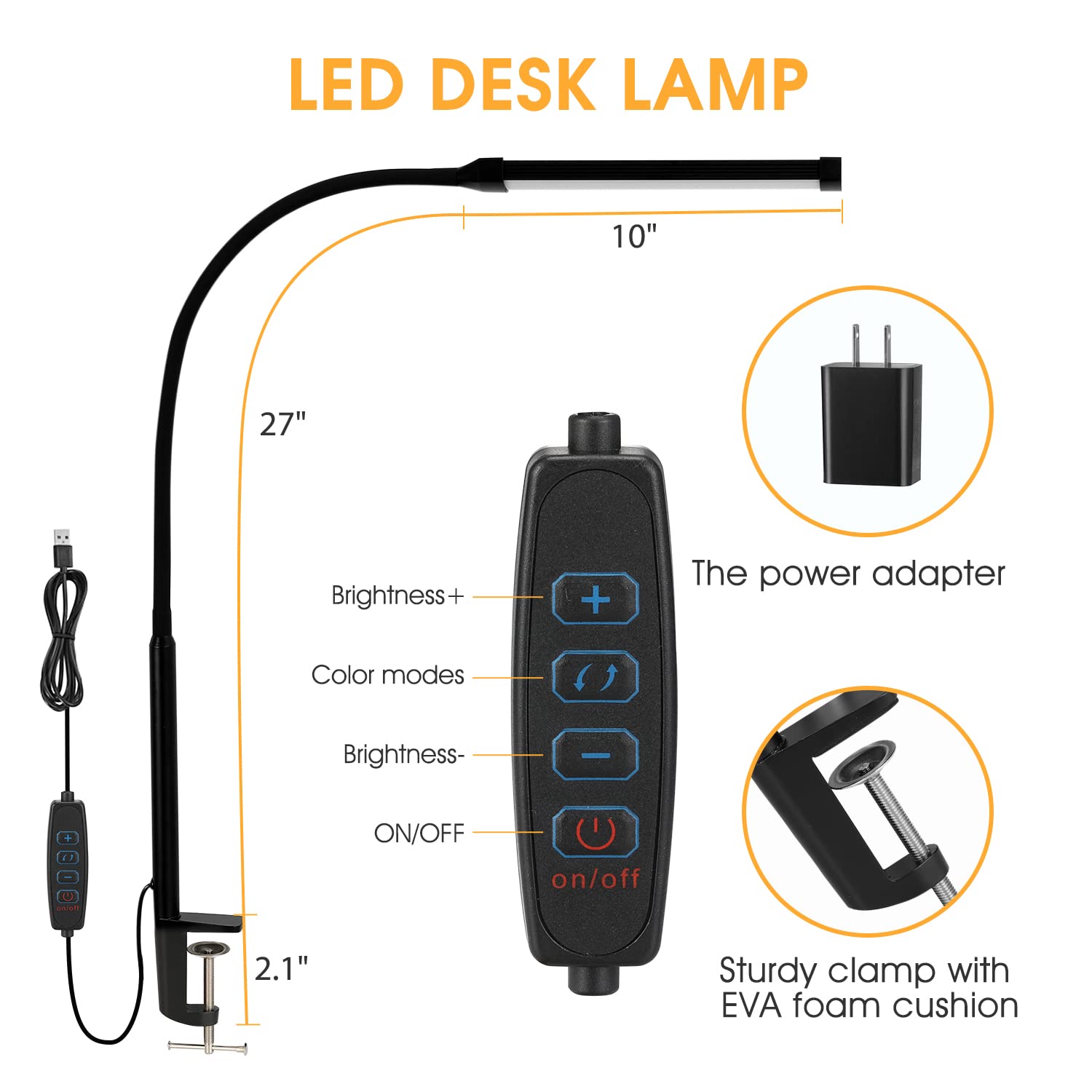 Voncerus LED Desk Lamp with Clamp, Eye-Caring Clip on Lights for Home Office, 3 Modes 10 Brightness, Long Flexible Gooseneck, Metal, Swing Arm Architect Task Table Lamps with USB Adapter, Black