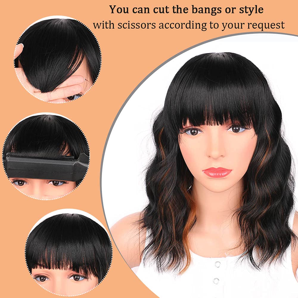 Ucubb Black Mixed Brown Wig for Black Women 14 Inch Short Wavy Hair Wigs Curly Bob Wig with Bangs Wigs Shoulder Length Wigs for Black Women Bob Style Synthetic Heat Resistant
