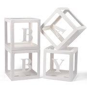 Baby Boxes with Letters for Baby Shower, 4 Transparent Balloon Boxes with Letters for Gender Reveal Birthday Wedding Baby Shower Decorations (White)