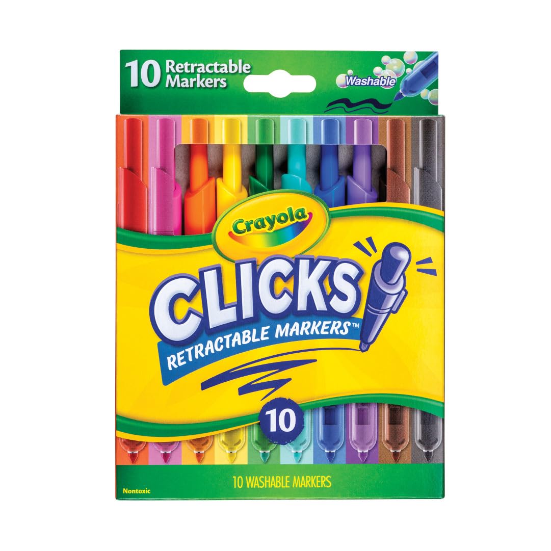 Crayola Clicks Retractable Tip Marker Set for Kids (10ct), Teacher Supplies, Long Lasting Markers For School, No Dry, Coloring Book Essentials, 6+