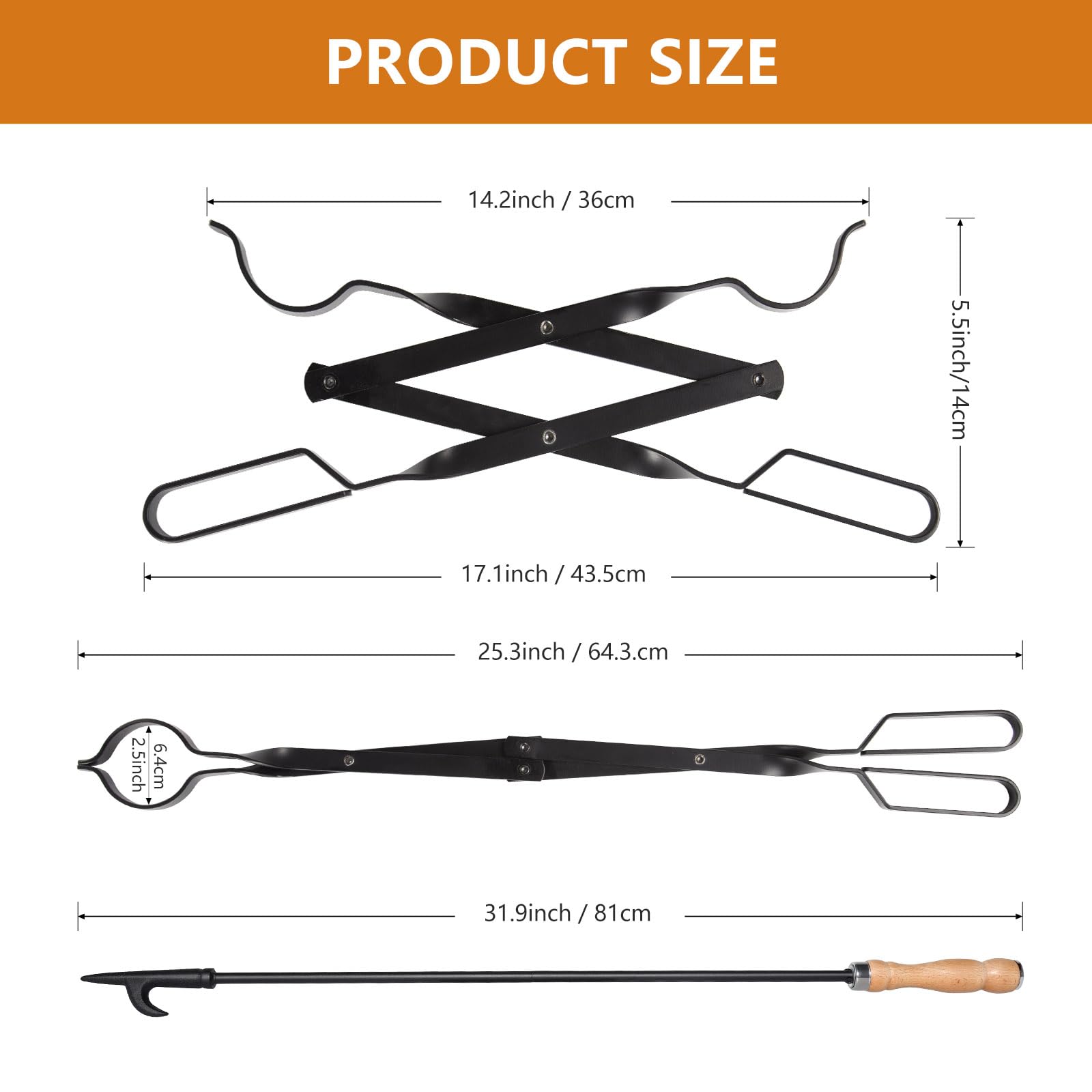 Heavy Duty 32” Long Fireplace Fire Pit Campfire Poker Stick and 26” Fireplace Tongs Tool Sets, Log Grabber, Rust Resistant Black Finish Camping Fireplace Tools for Indoor/Outdoor
