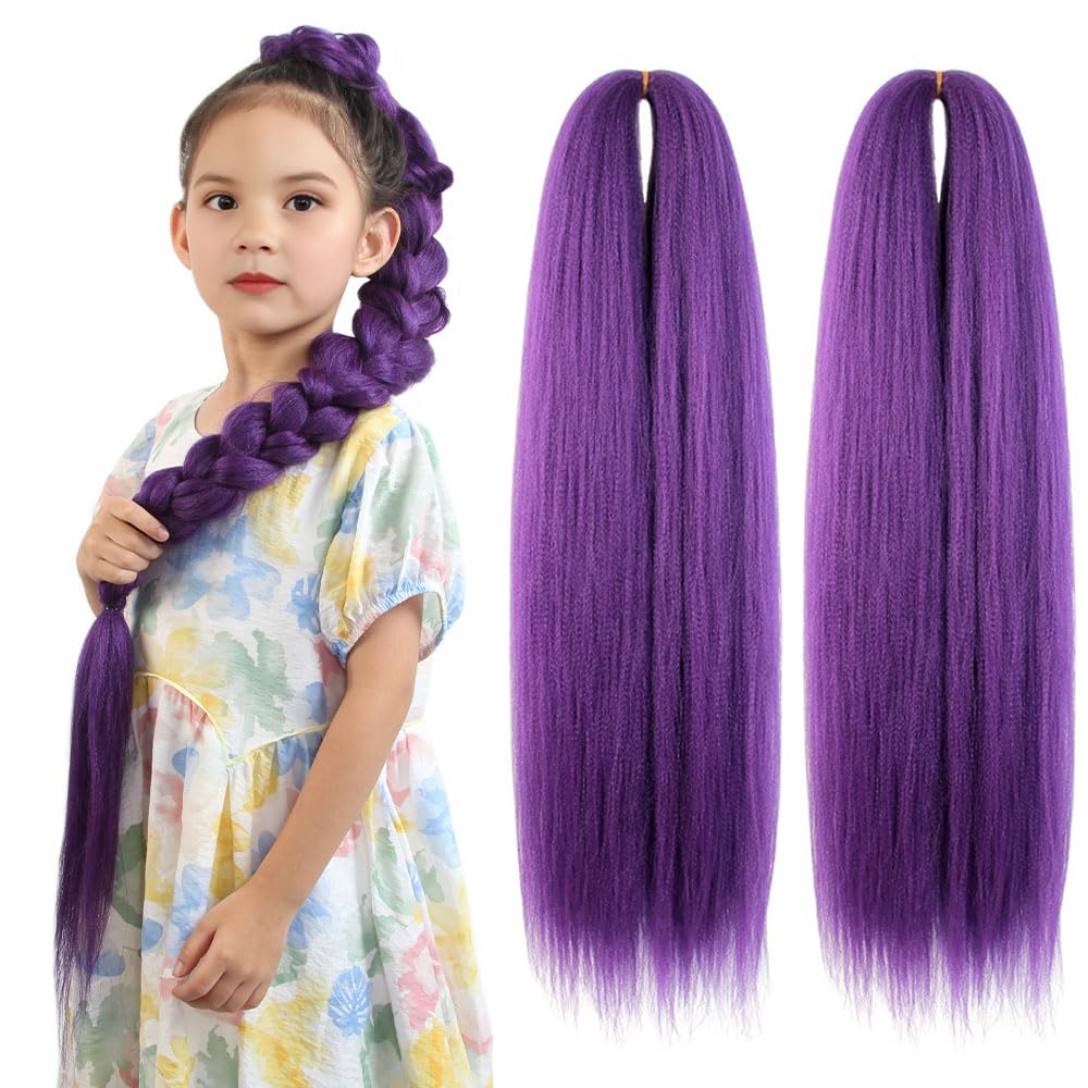 WUDAS Purple Braiding Hair 24 Inch Long Pre Stretched Hair Straight Yaki Texture Synthetic Hair Extensions Softness, 2 Packs