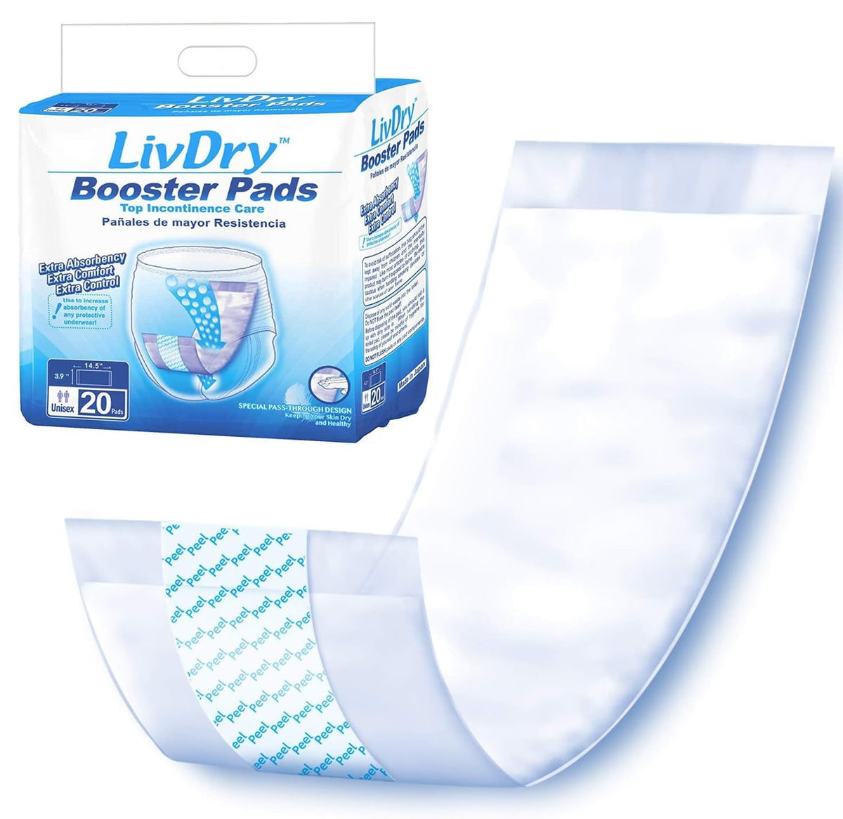 LivDry Incontinence Booster Pads, Use with Adult Diapers for Women and Men, Extra Comfort Softness, Disposable Pad (20 Count, Regular Length)