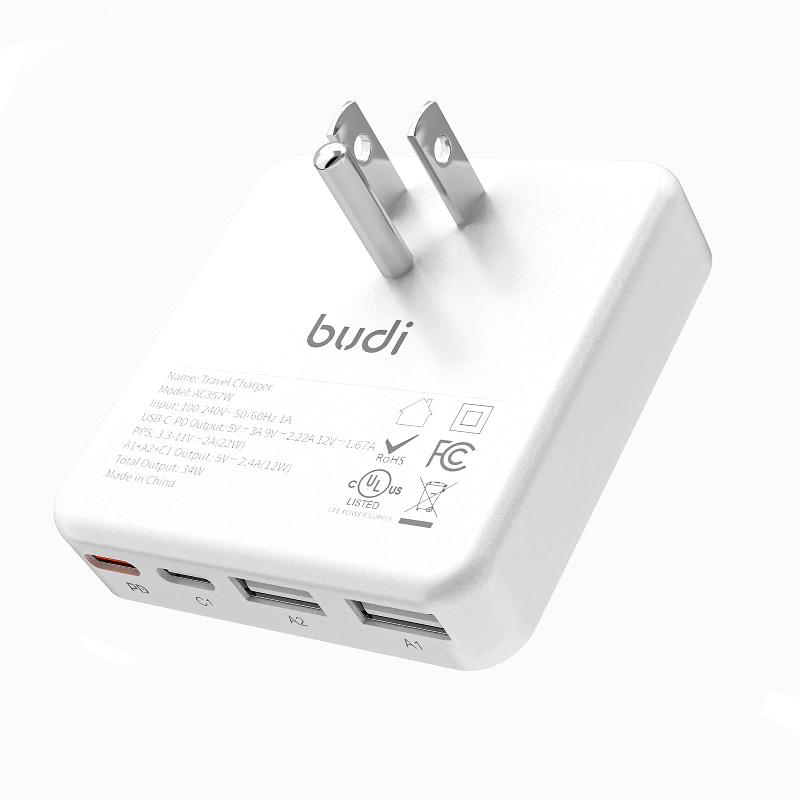 شاحن جداري مسطح USB C من بودي، شاحن جداري USB نحيف بـ 4 منافذ وقوة 34 واط، كتلة شحن سريع مع منفذ توصيل طاقة بقوة 20 واط ومنفذي تايب سي مزدوجين لهواتف ايفون 16/15/14/13/12/11/برو ماكس/XS/XR/8/7 والأجهزة اللوحية