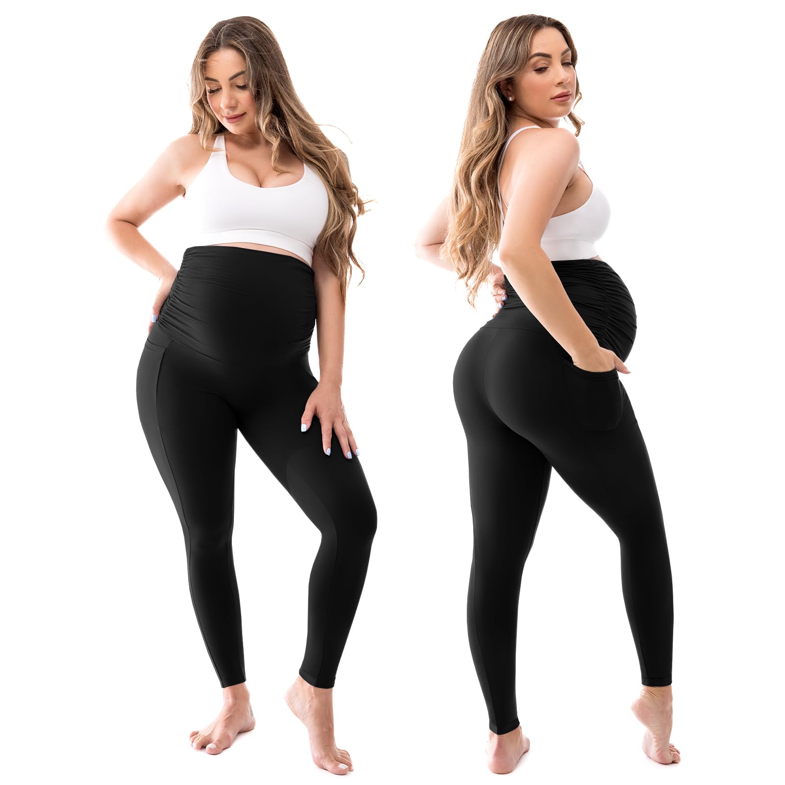 Walifrey Women's Maternity Leggings with Pockets Over The Belly,Pregnancy Yoga Pants Activewear Workout Leggings Black M