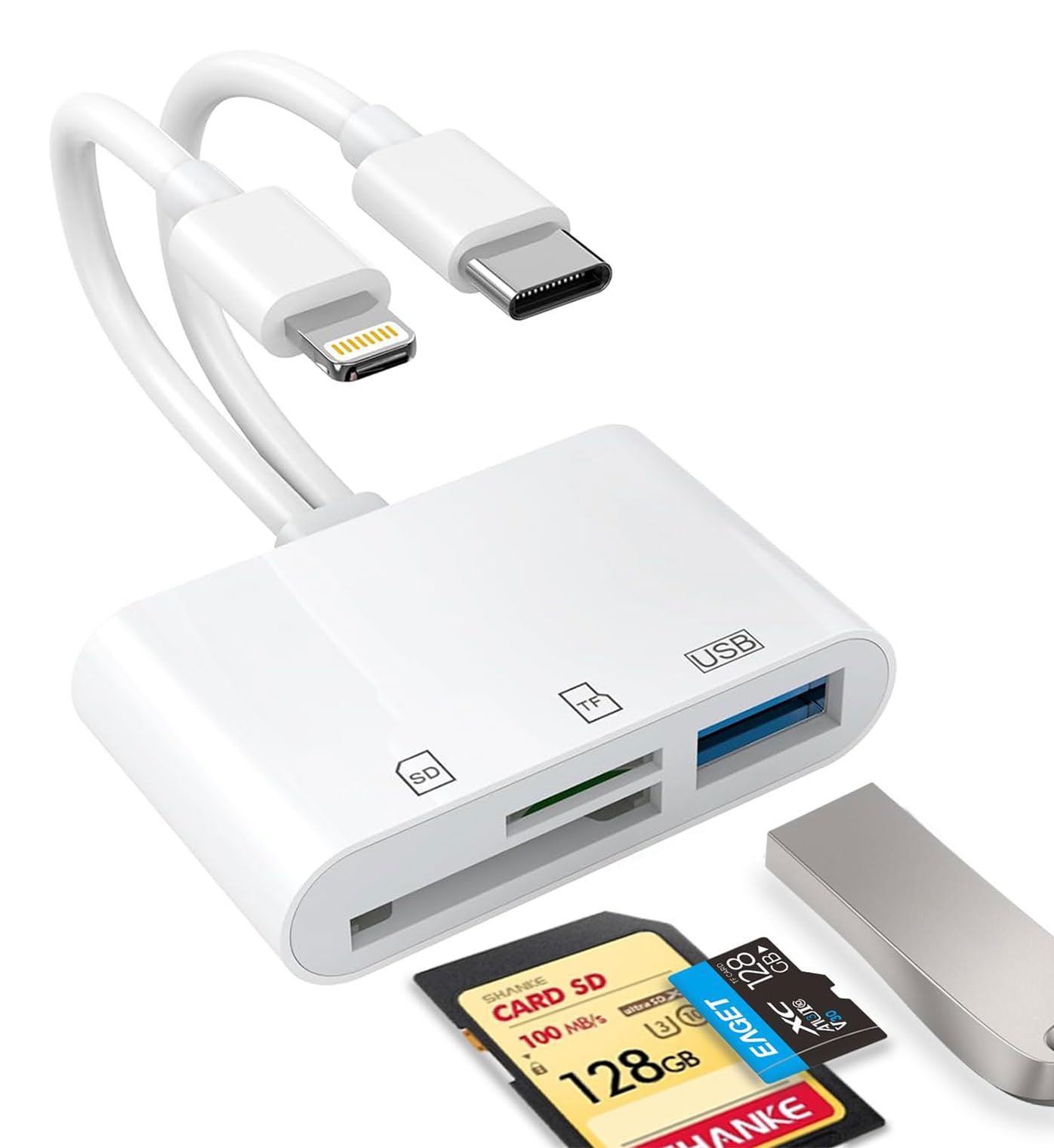 SD Card Reader for iPhone, iPad, USB C and Lightning Dual Port SD Card Adapter, Memory Card Reader for Camera Adapter, Support SD, Micro SD, USB 3.0, No App Driver Required