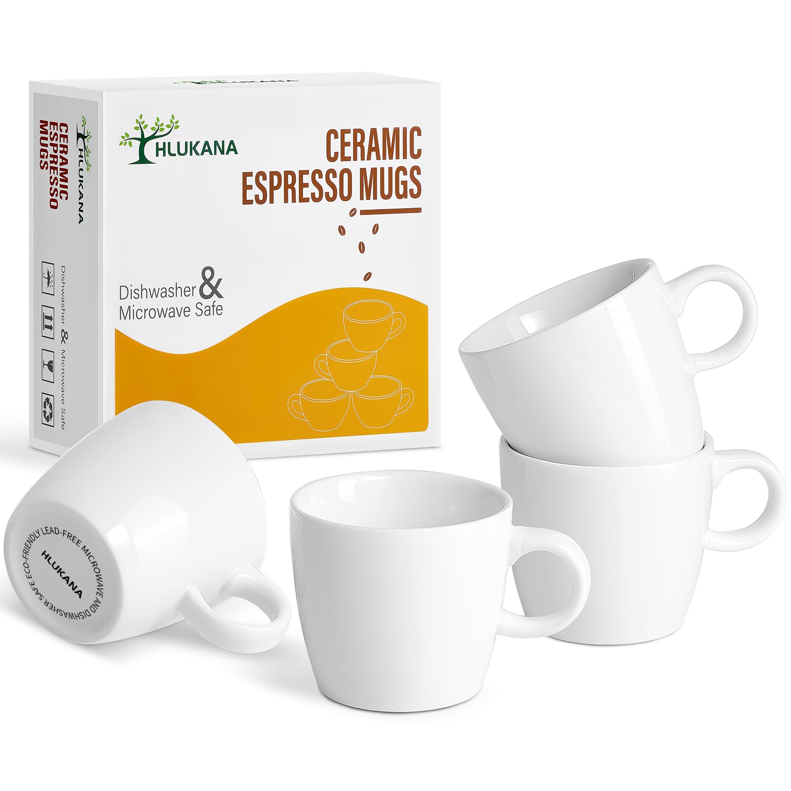 Hlukana Espressotassen aus Porzellan, 4er-Set, 100 ml kleine Kaffeetassen, weiße Demitasse-Tassen, perfekt für Espressomaschinen und Kaffeemaschinen, mikrowellen- und spülmaschinenfeste Espressotassen