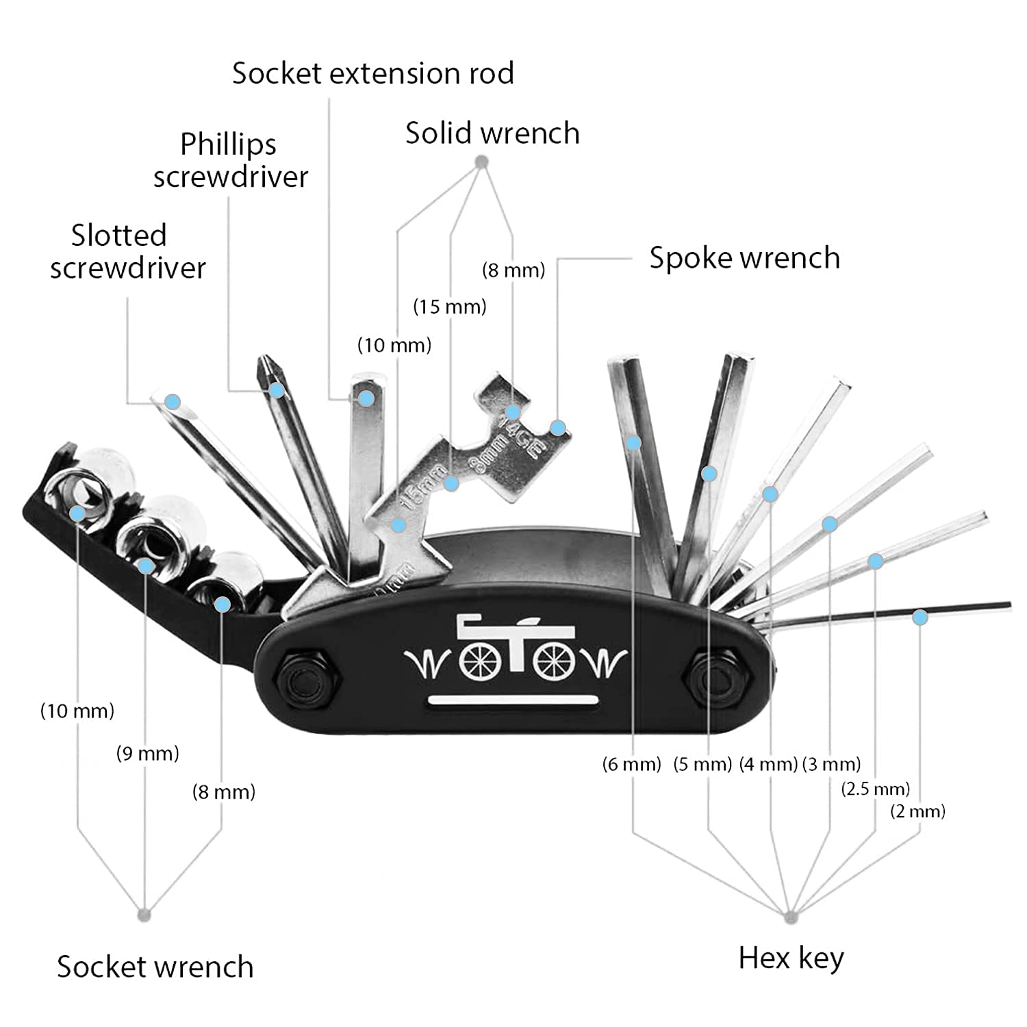WOTOW Bike Repair Tool Kit, 16 in 1 Bicycle Multitool with Tire Levers Hex Spoke Wrench, Multi Function Accessories Set for Road Mountain Bikes