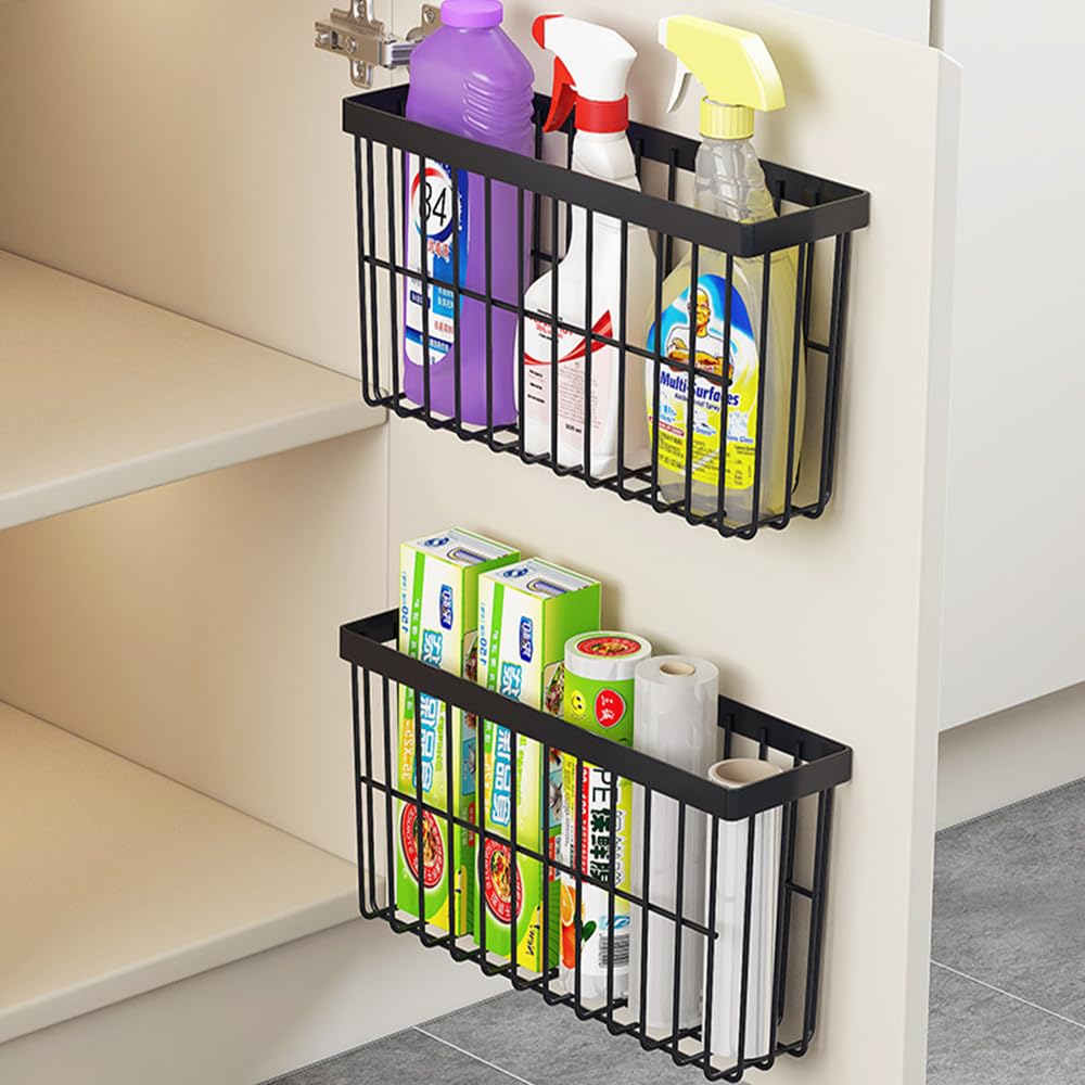 EigPluy 2 Piece Kitchen Cabinet Door Storage Box,Self Adhesive Wall Mounted Storage Boxes,Wardrobe/Bathroom/Refrigerator Small Items Organizer Storage Box (Black)