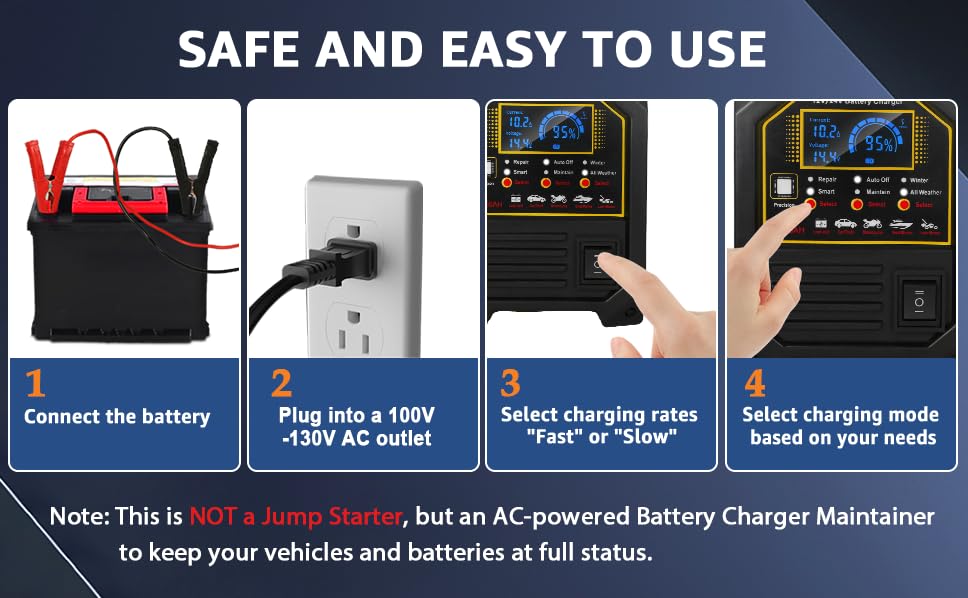 PCHH 12V 24V Car Battery Charger Heavy Duty, 0-15A Automatic Battery Maintainer, Smart Trickle Charger with Auto Shutoffs, Repair, Winter Mode, for Automotive Car Truck Motorcycle RV AGM Deep Cycle