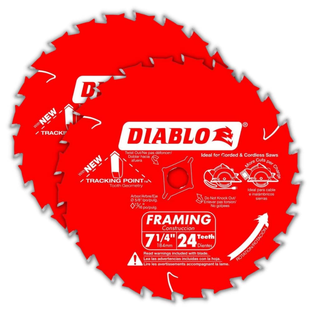 Diablo Tracking Point 7-1/4 in. 24-Tooth Circular Saw Blades - 2-Pack - Tico Carbide, Smooth Cutting, Low Vibration, Non-Stick Coating - D0724VPX