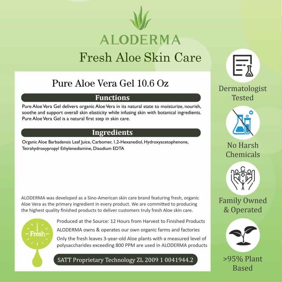 Aloderma 99% Organic Aloe Vera Gel Made within 12 Hours of Harvest - Lightweight, Non-Sticky Aloe Gel for Face Body, Hair, & Scalp, After Sun Relief, Natural, Soothing Hydrating Aloe Gel, 10.6oz
