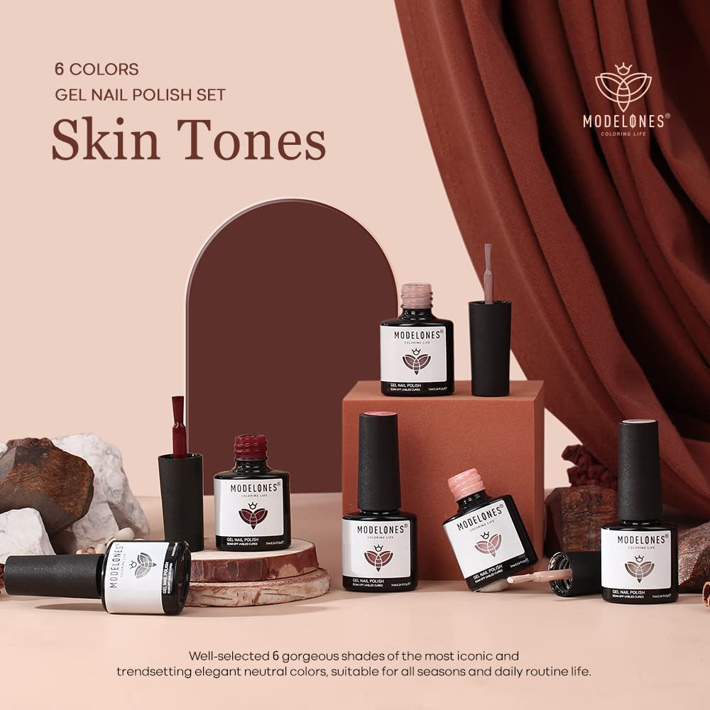 modelones Gel Nail Polish Kit -6 Colors Fall Nude Pink Gel Polish Set Skin Tones Neutral Brown Soak Off Gel Nail Kit Manicure DIY Nail Art Salon Home Gift