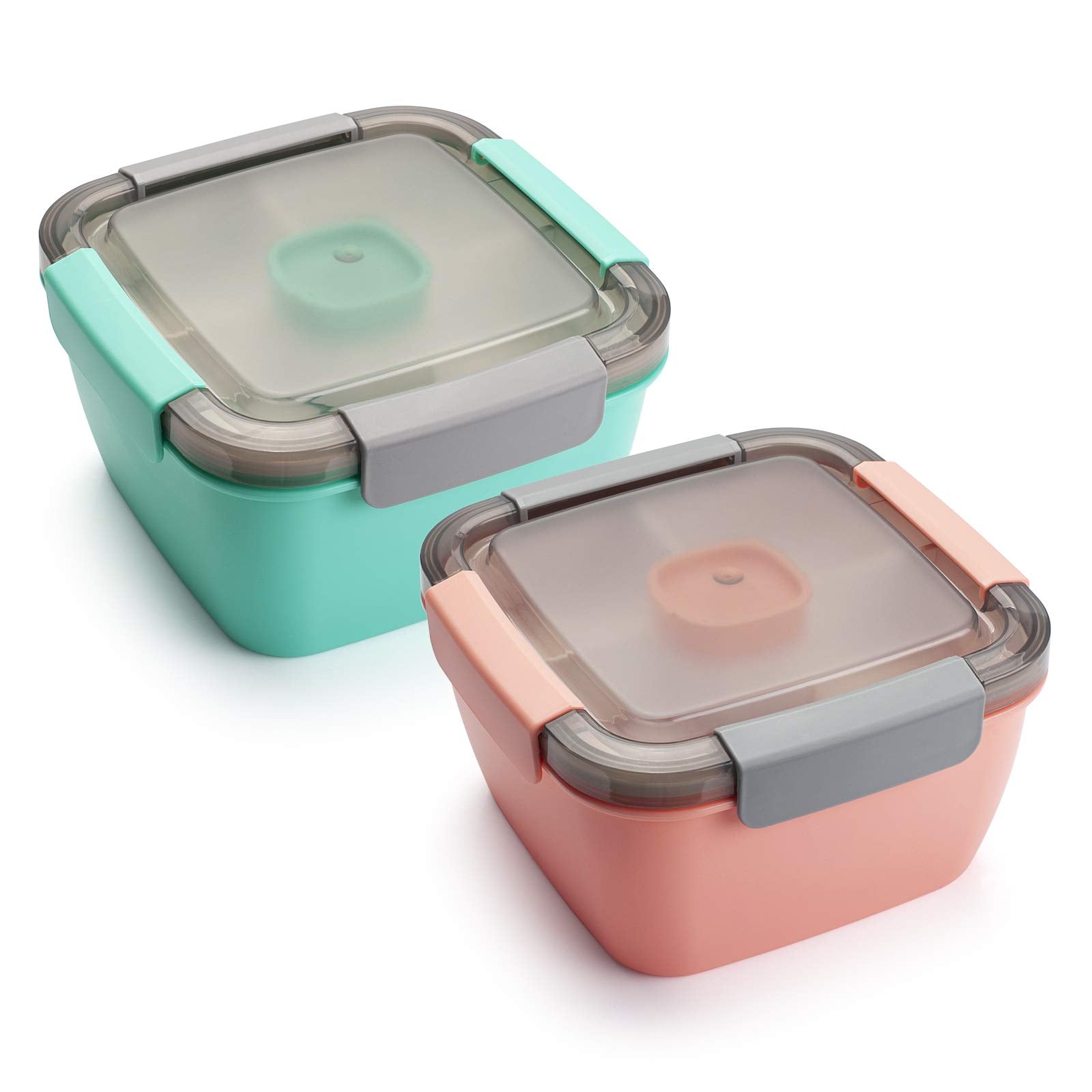 Freshmage Salad Lunch Containers To Go, 2 Pack 52-oz Bowls with 3 Compartments, Dressing Containers for Toppings, Snacks - Pink & Green
