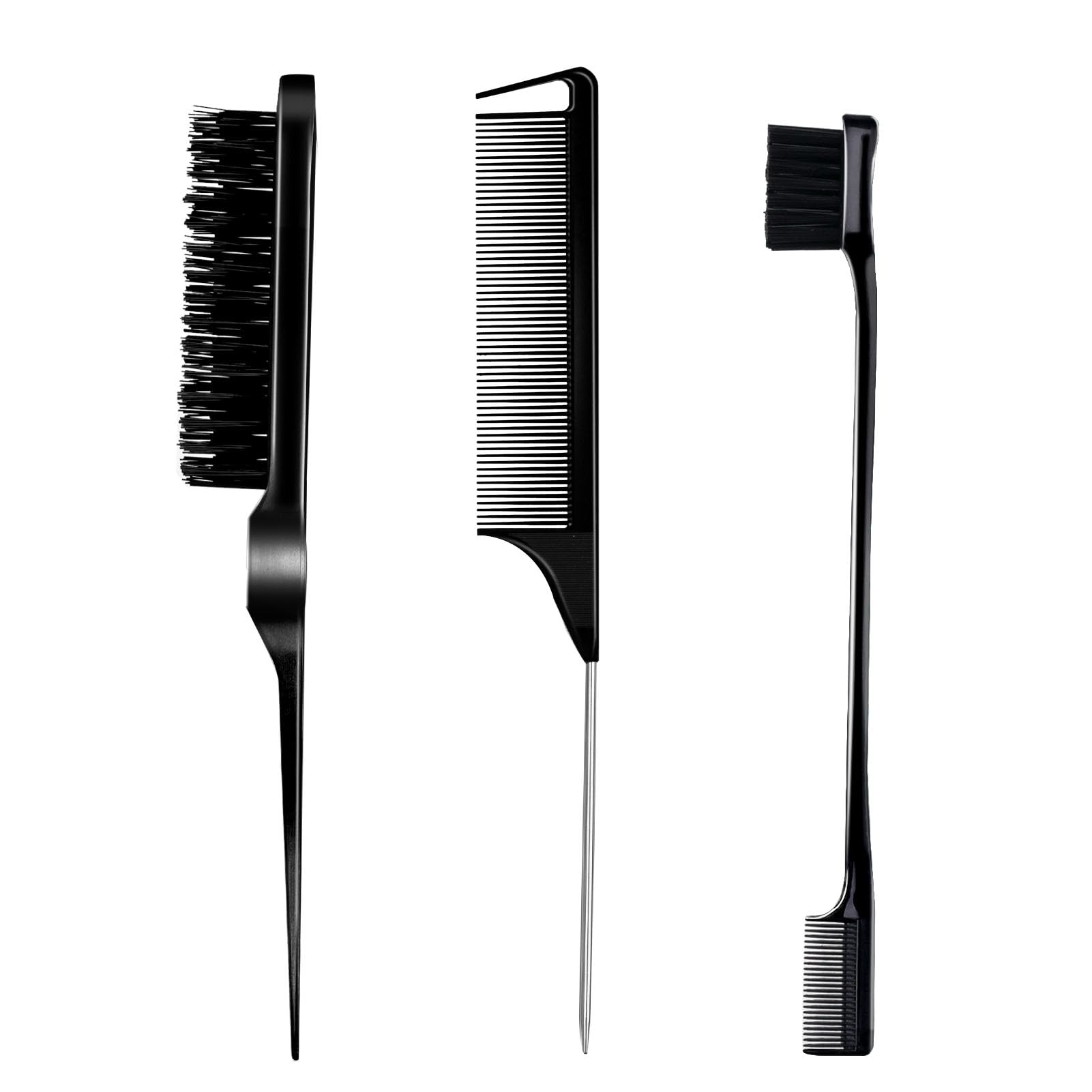 3-teiliges Haarkamm-Set: Toupierbürste, Stielkamm, Kantenbürste für Damen (Schwarz) zum Kämmen, Glätten und Stylen von Haaren im Nacken- und Kantenbereich