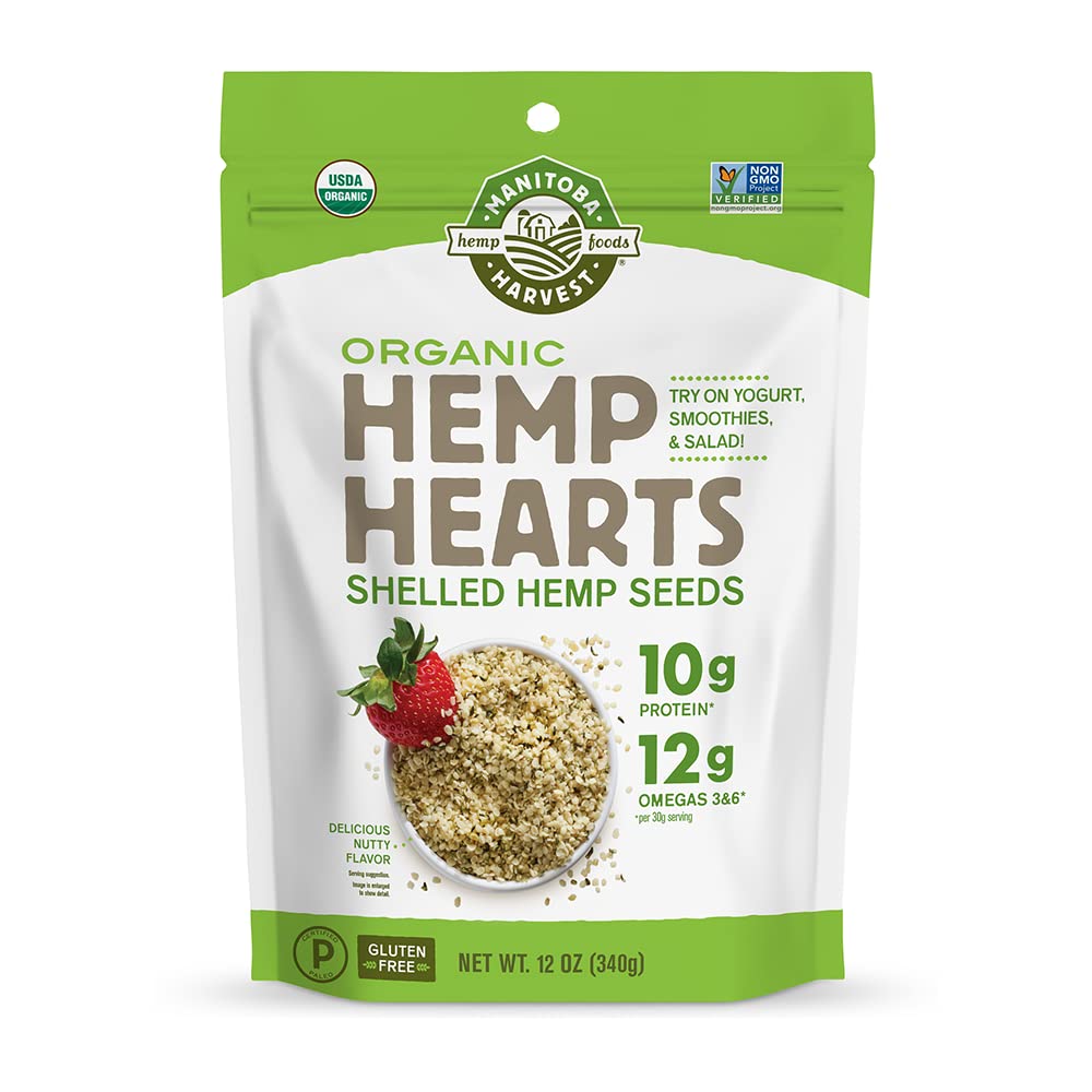 بذور القنب العضوية المقشرة من Manitoba Harvest، 12 أونصة، 10 جرام بروتين نباتي و 12 جرام أوميغا 3 و 6 لكل وجبة، للعصائر والزبادي والسلطة، غير معدلة وراثيًا، نباتية، كيتو، باليو، خالية من الغلوتين