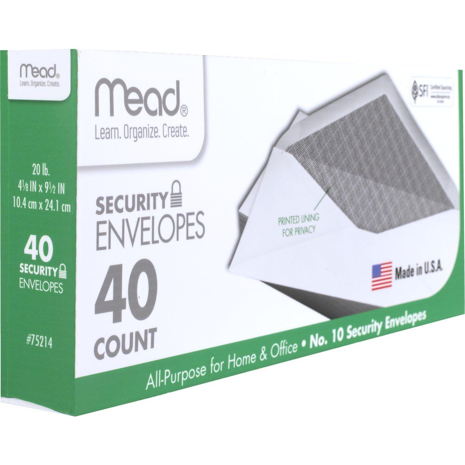 Mead #10 Envelopes, Letter Size, 4-1/8" x 9-1/2", Security Printed Lining for Privacy, Gummed Closure, Windowless, White All-Purpose for Home & Office Mail, 40 Count (75214)
