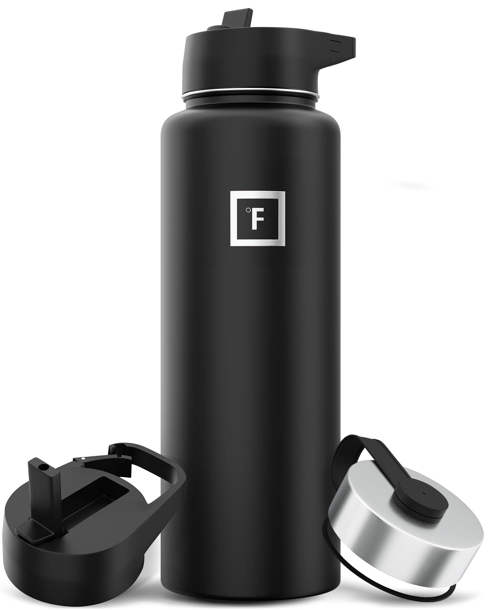 IRON degreesFLASK Camping & Hiking Hydration Flask with 3 Lids - Stainless Steel, Double Walled & Vacuum Insulated Water Bottle - Leak Proof & BPA Free (Midnight Black, Straw - 40 oz)