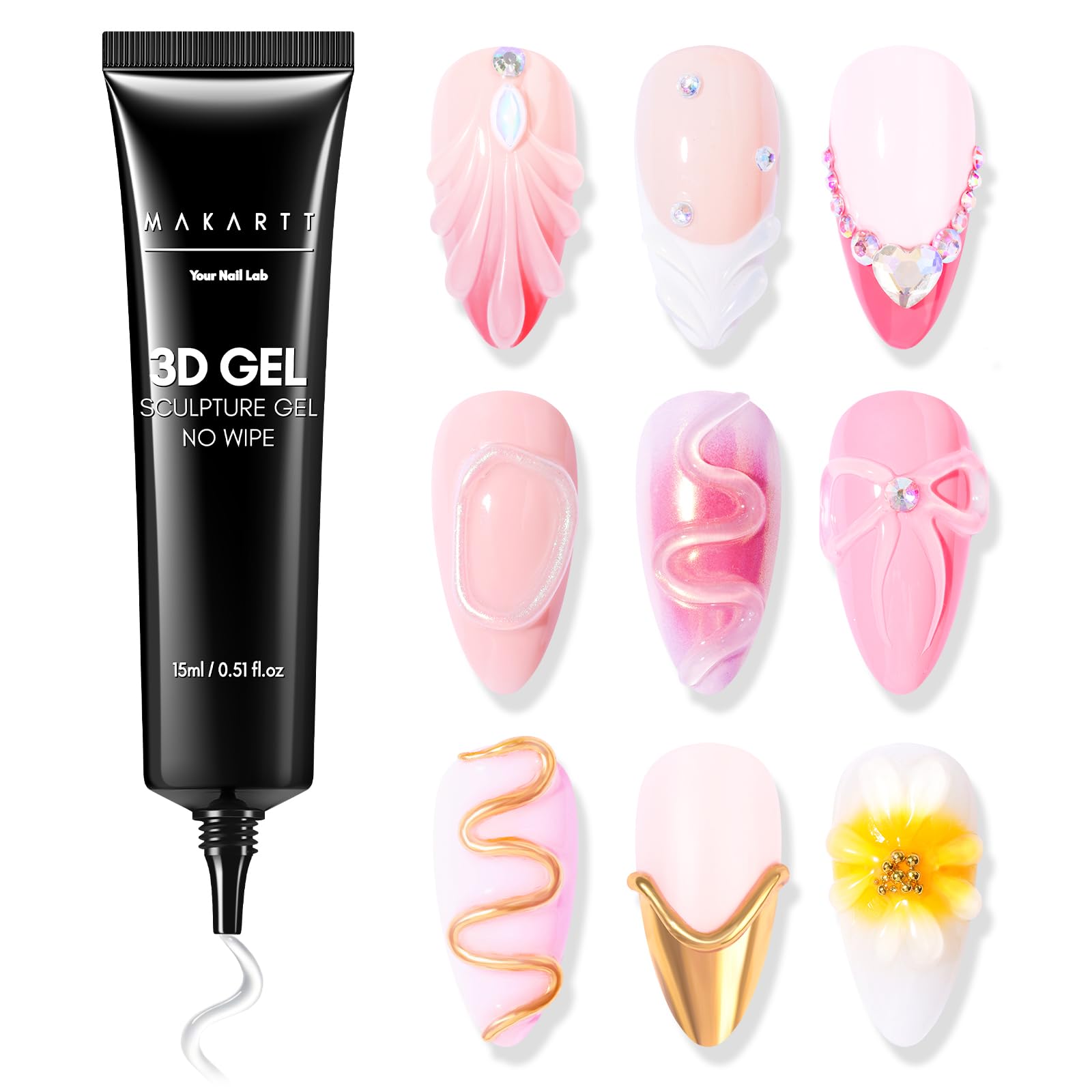Makartt 3D Gel Nail Art – 3D Nagelgel Modelliergel Nagelkleber 15g, kein Abwischen, klares Gel Polish für Nageldesigns, DIY Nagelkunstkleber zum Zeichnen, Modellieren, Skulpturen, Steine und Dekoration